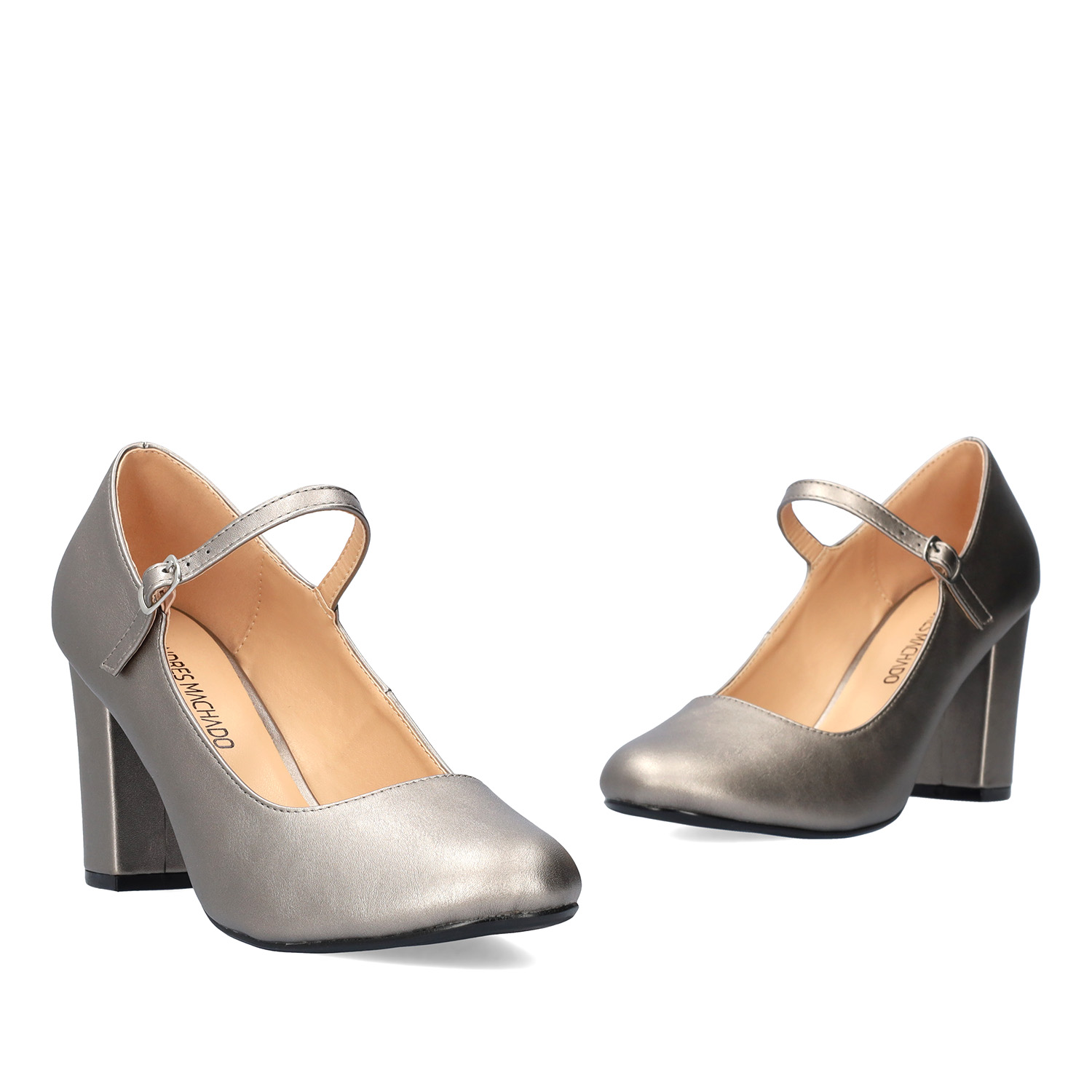 Heeled Mary Jane in old silver coloured soft faux leather 