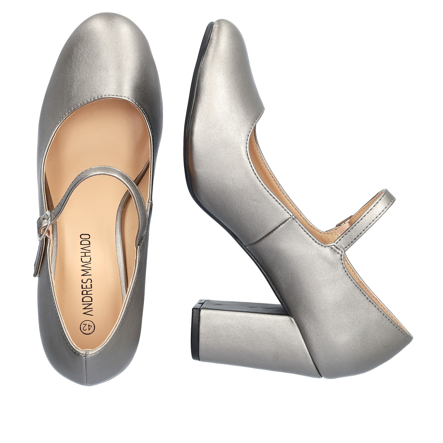 Heeled Mary Jane in old silver coloured soft faux leather 