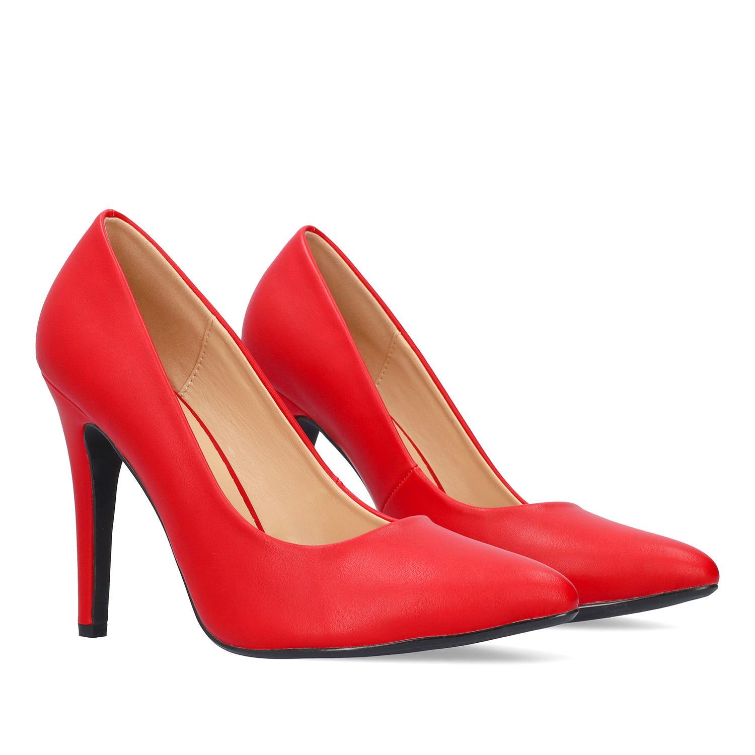 Red soft faux leather heeled pumps 