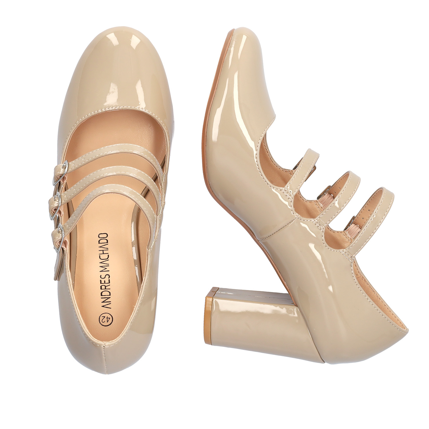 Heeled Mary Jane in beige patent soft leather 