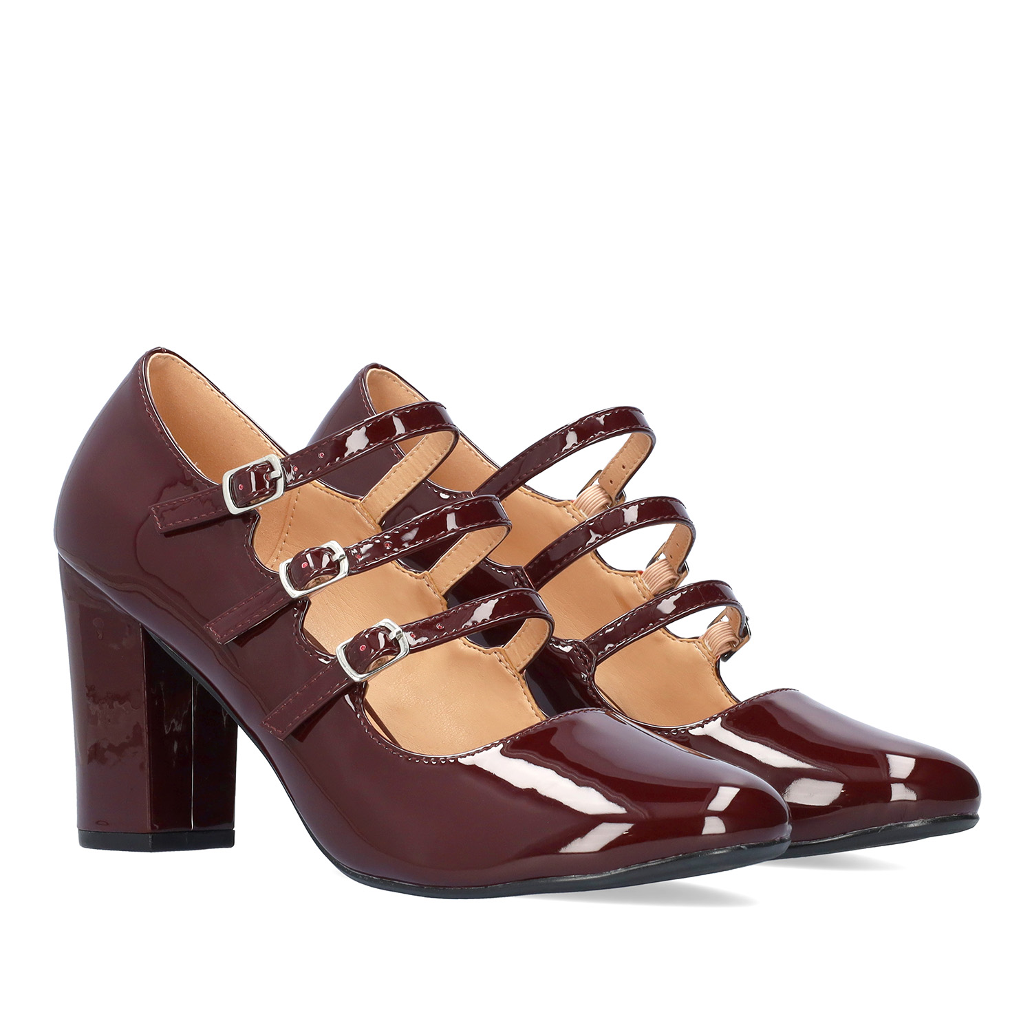 Heeled Mary Jane in garnet red patent soft leather 