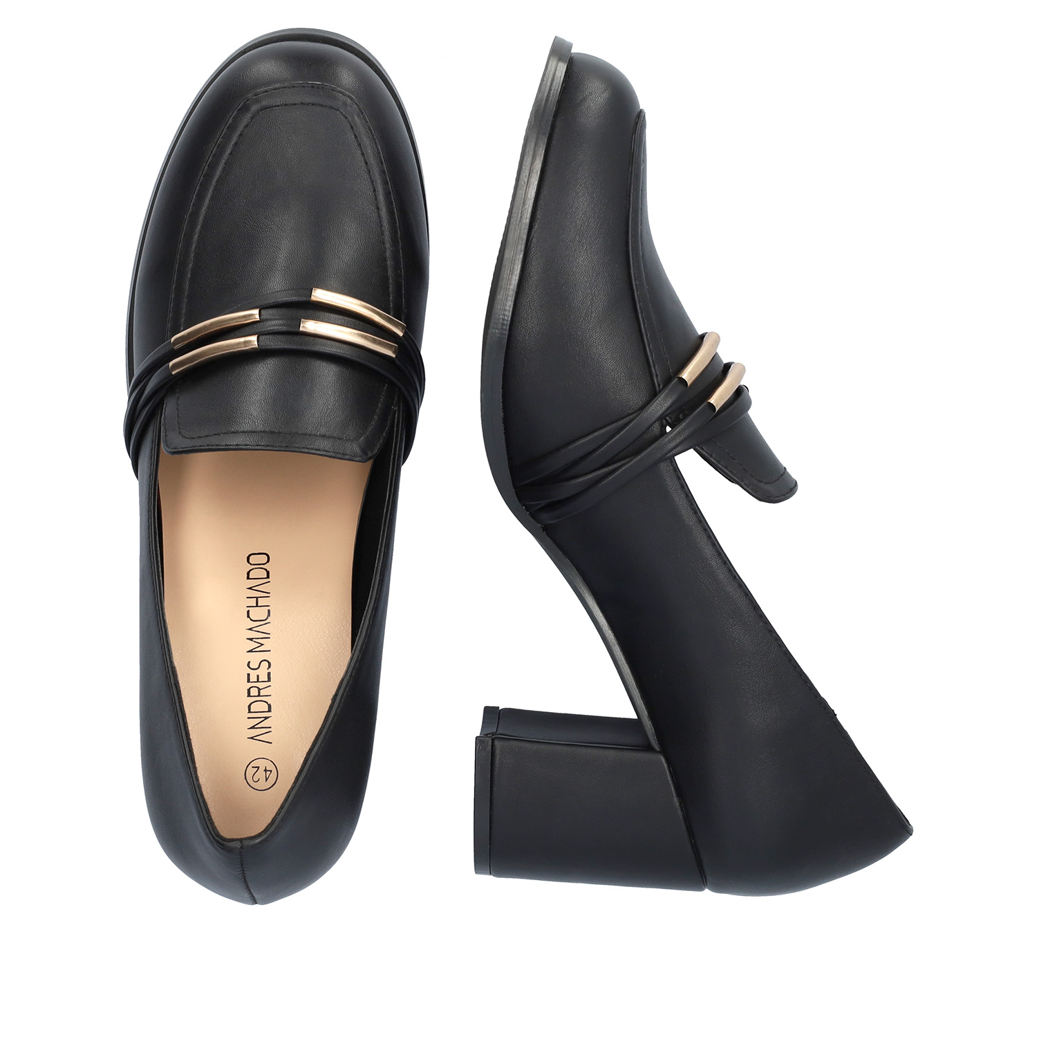 Heeled loafer in black soft faux leather 