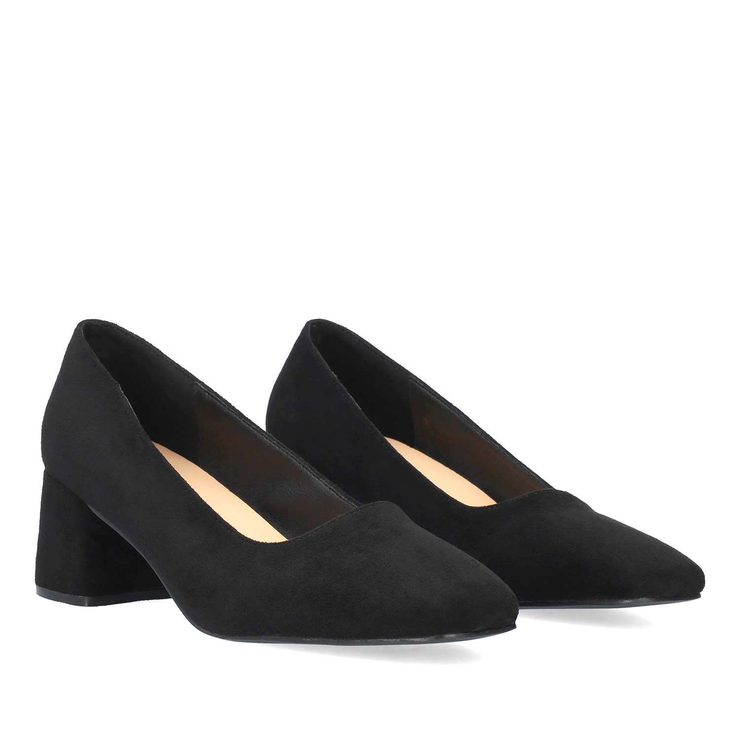 Black faux suede heeled pumps