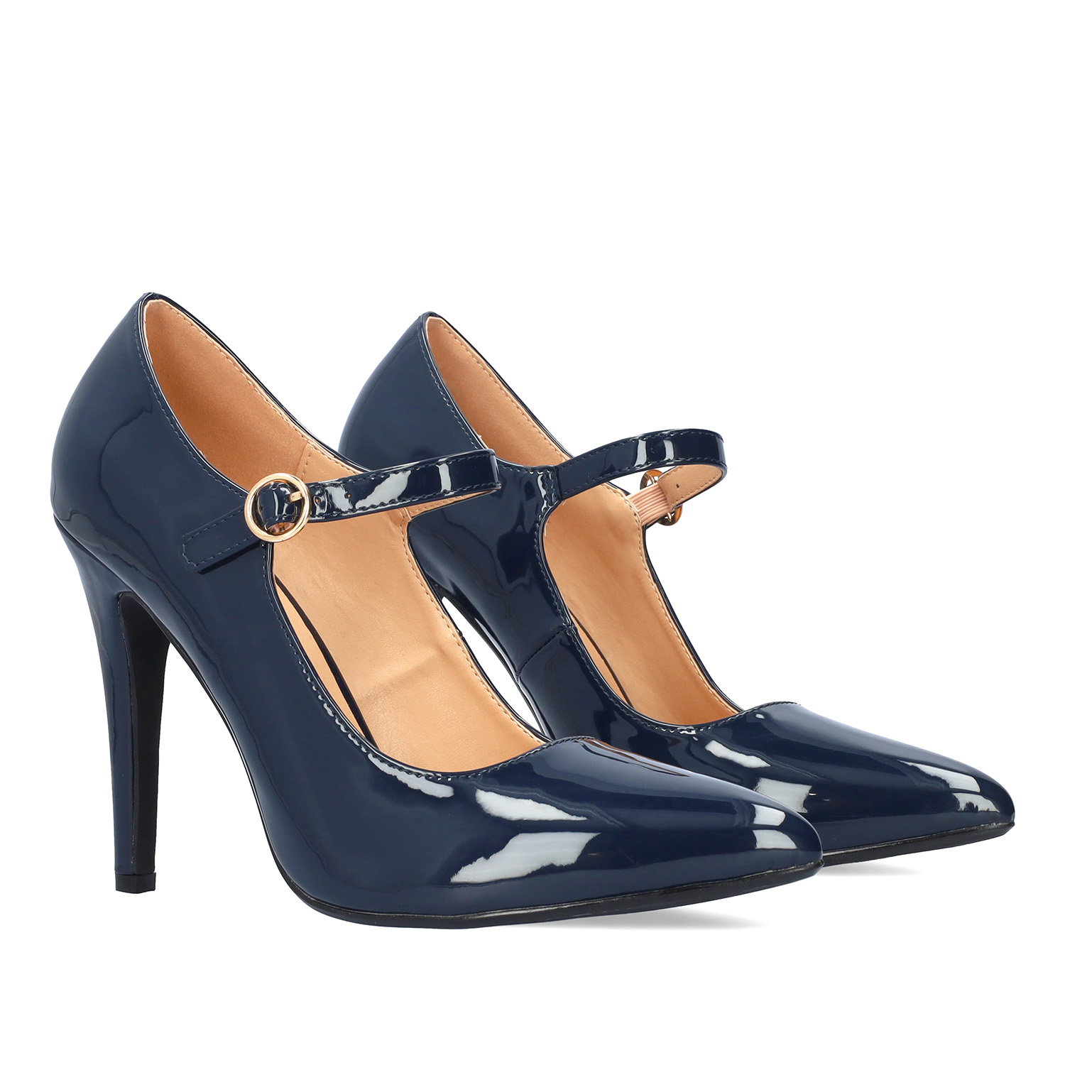 Schuh im Mary Jane Stil mit Lacklederabsatz in Marineblau Farbe