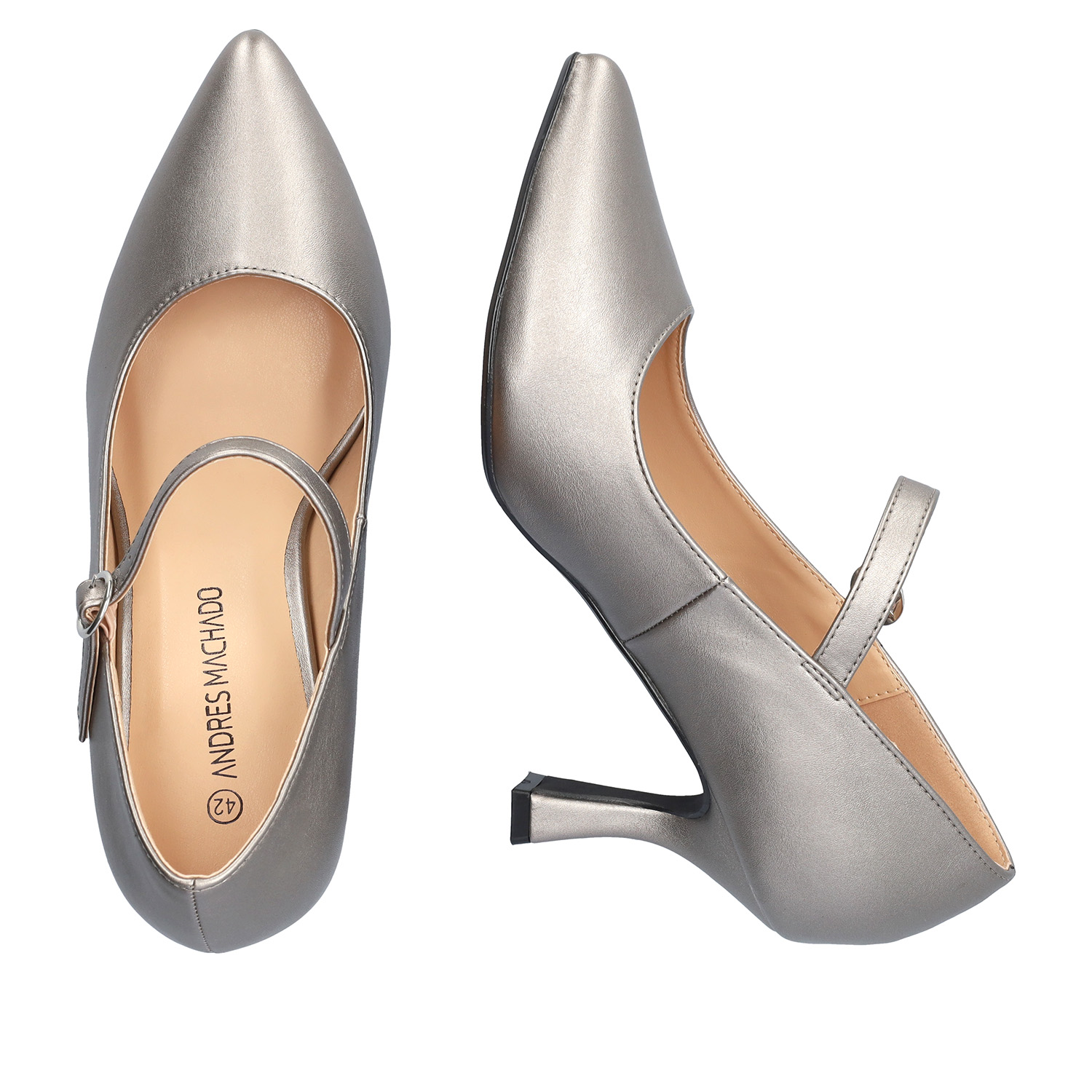 Mary Jane with kitten heel in old soft silver colour 