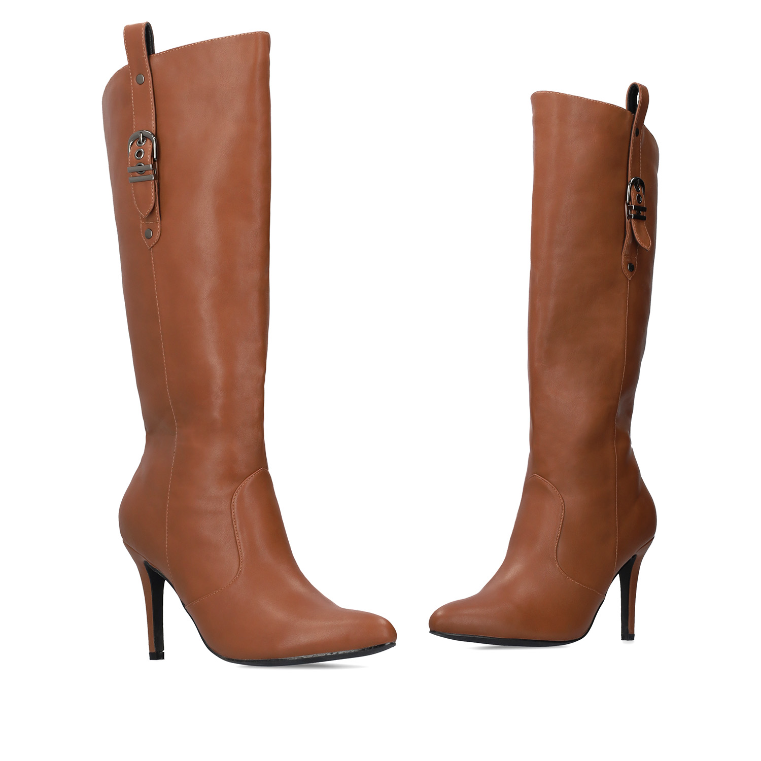 High heeled boots in camel soft faux leather 