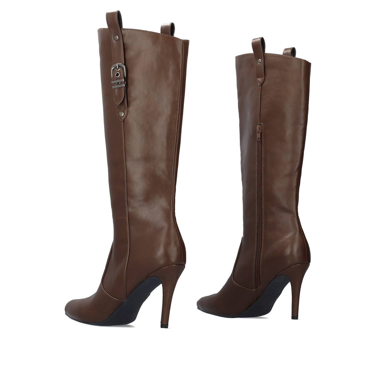 High heeled boots in brown soft faux leather 