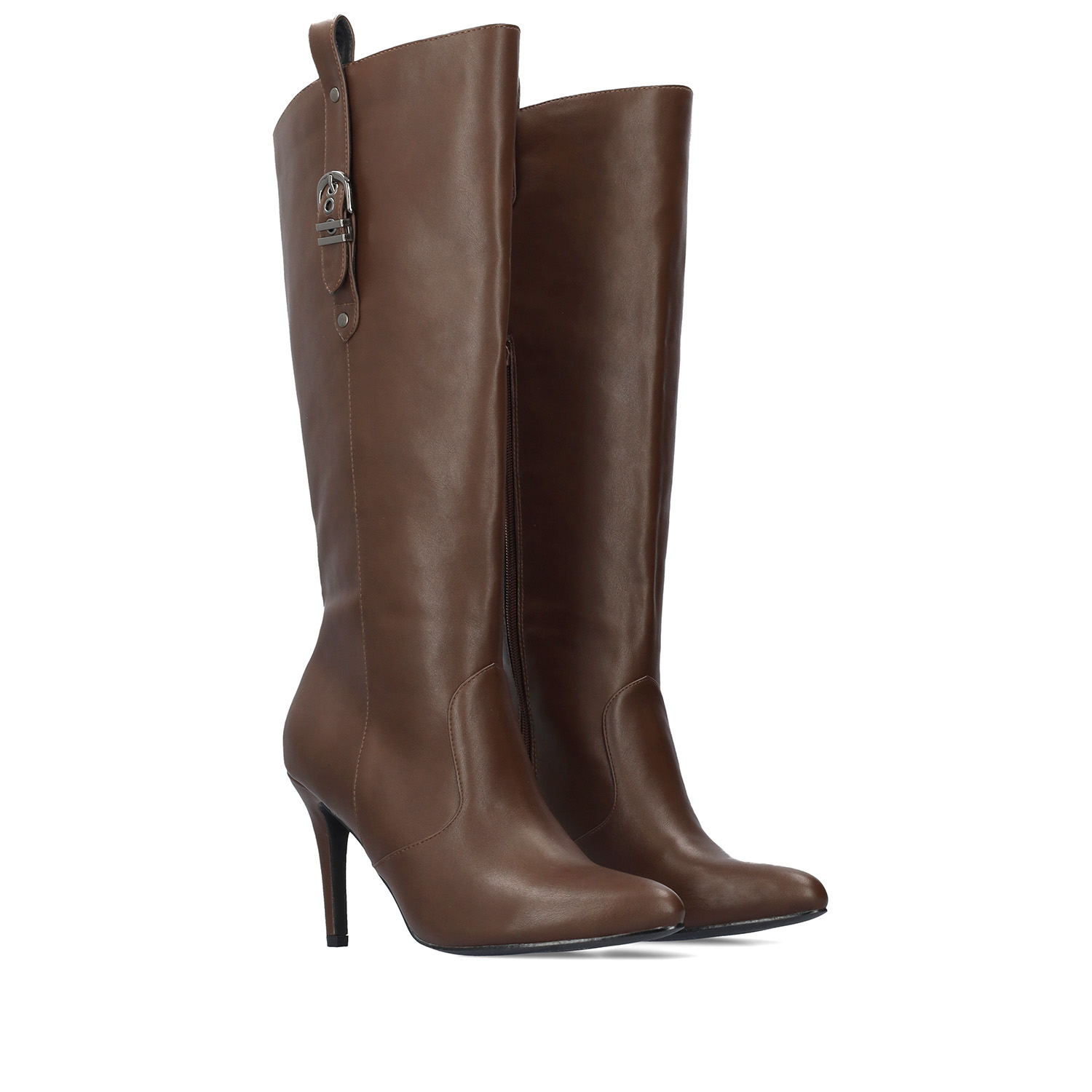 High heeled boots in brown soft faux leather