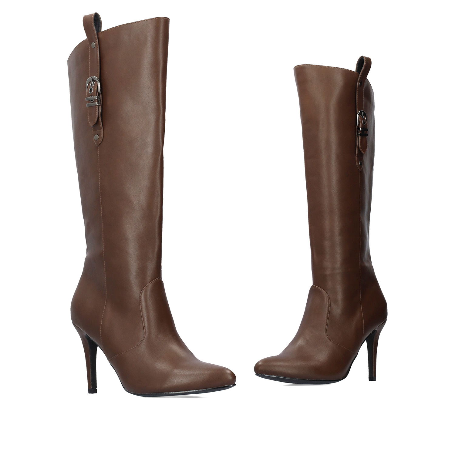 High heeled boots in brown soft faux leather 