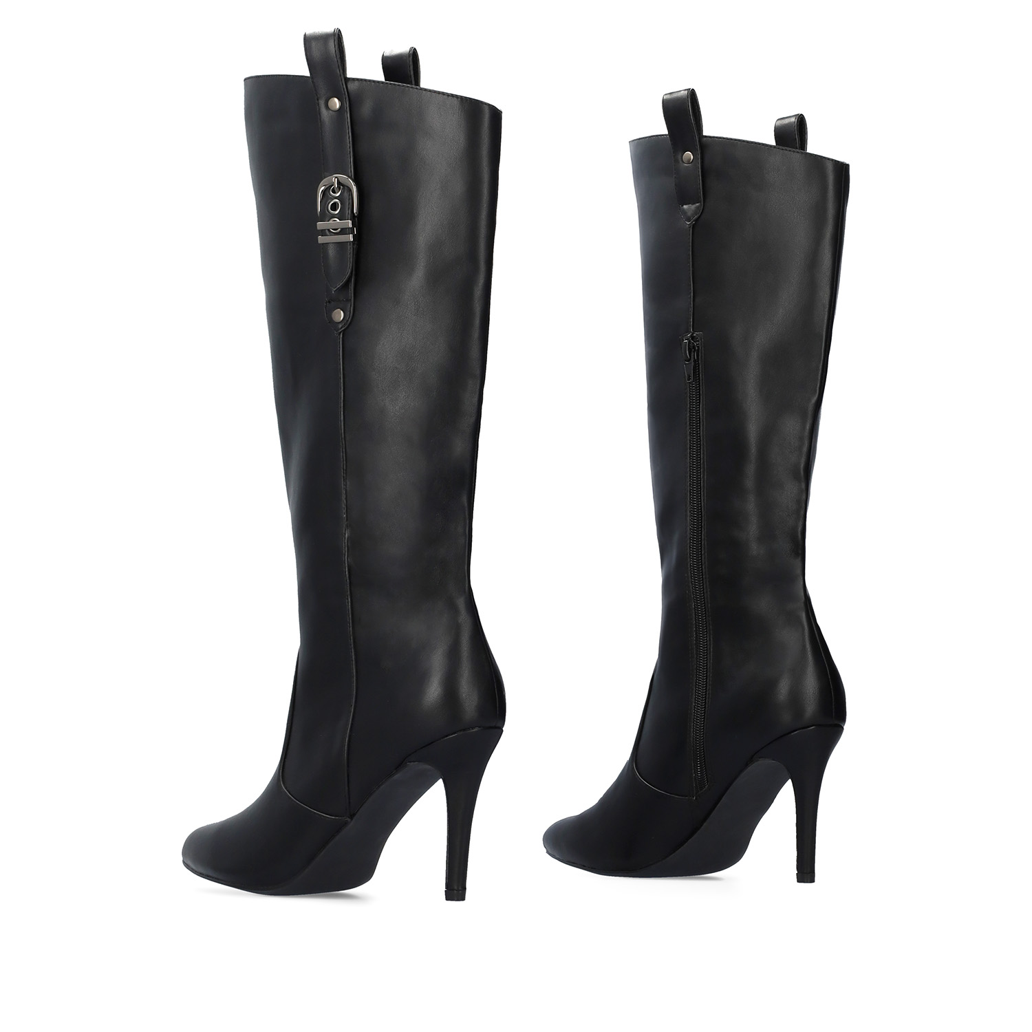 High heeled boots in black soft faux leather 