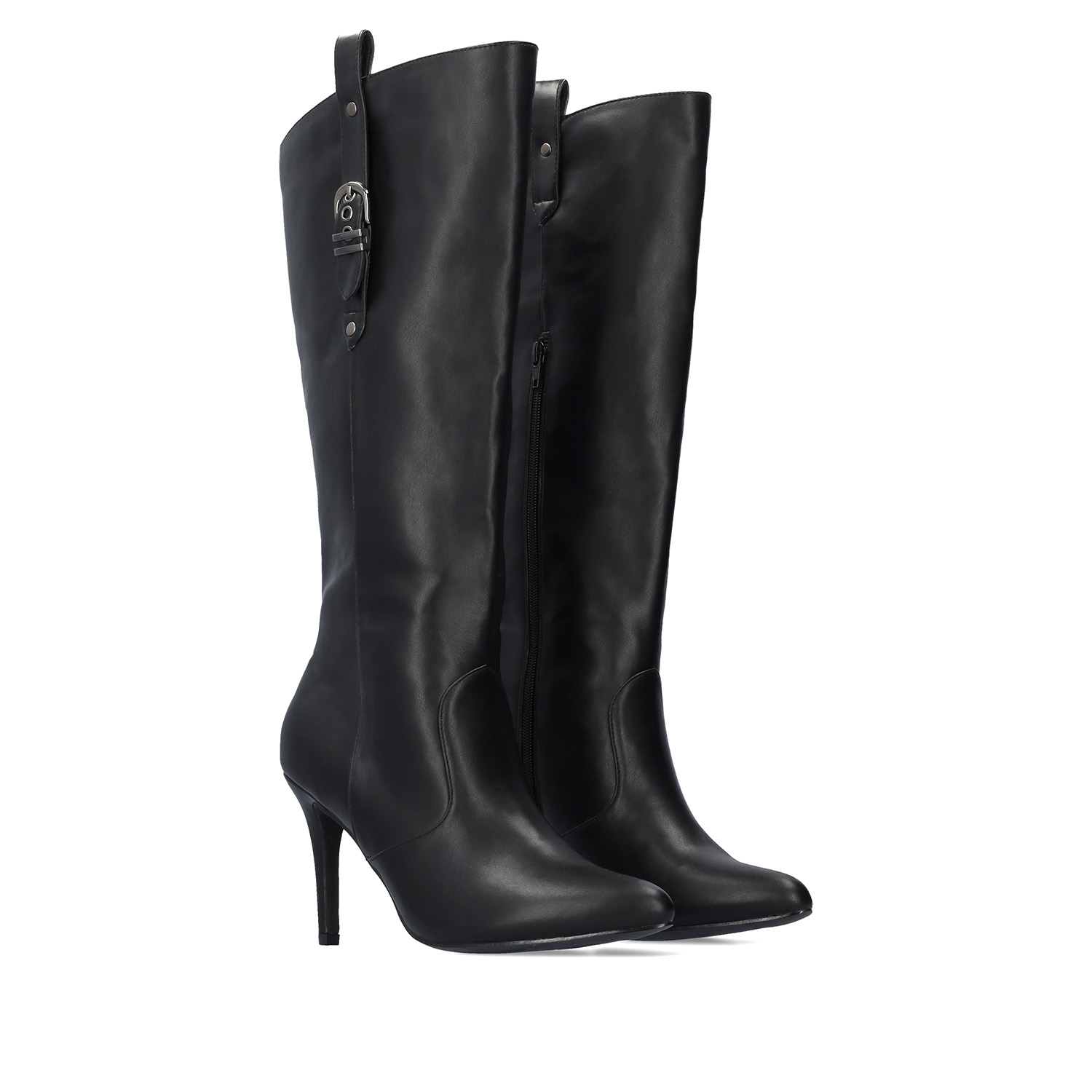 High heeled boots in black soft faux leather