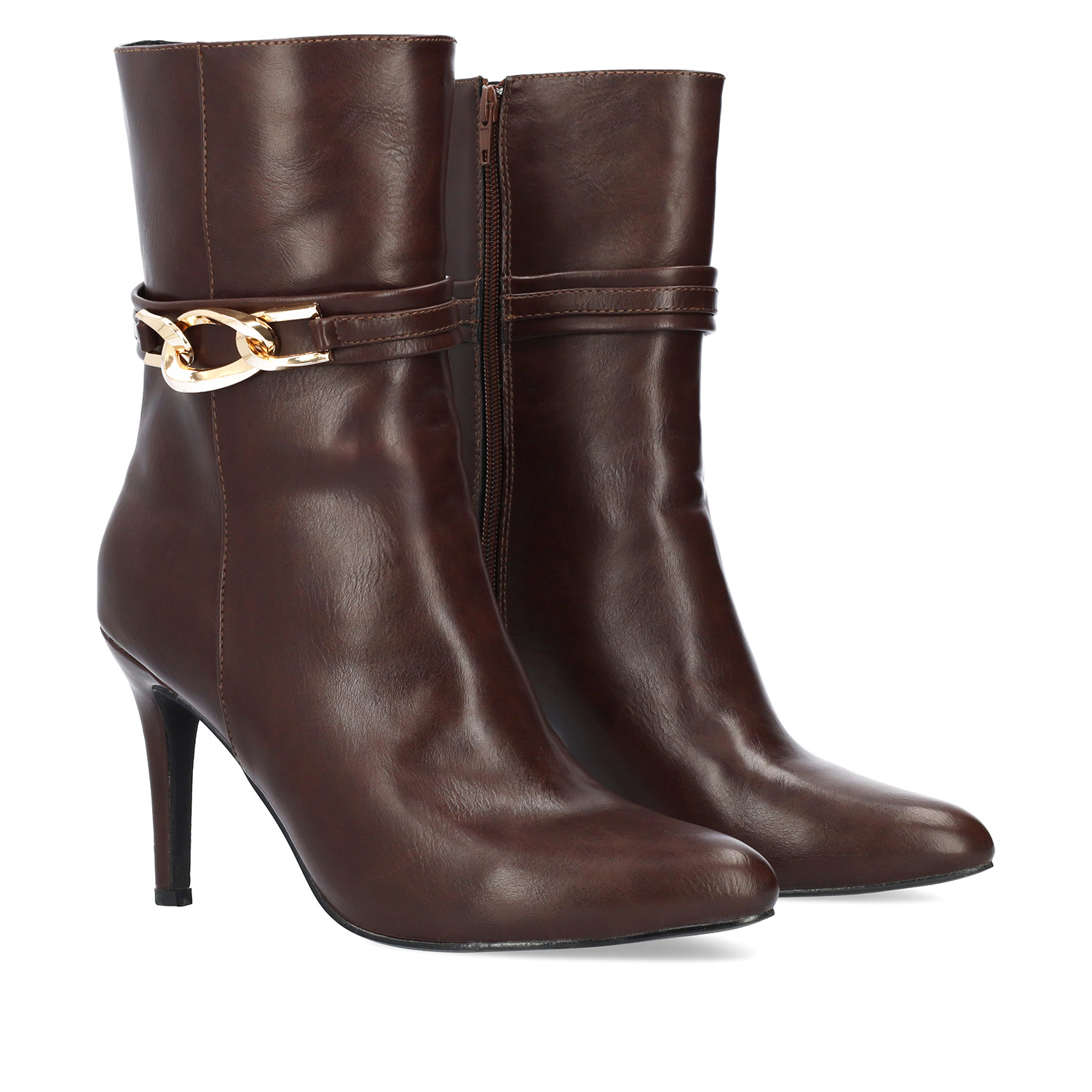 Heeled booties in soft brown faux leather 