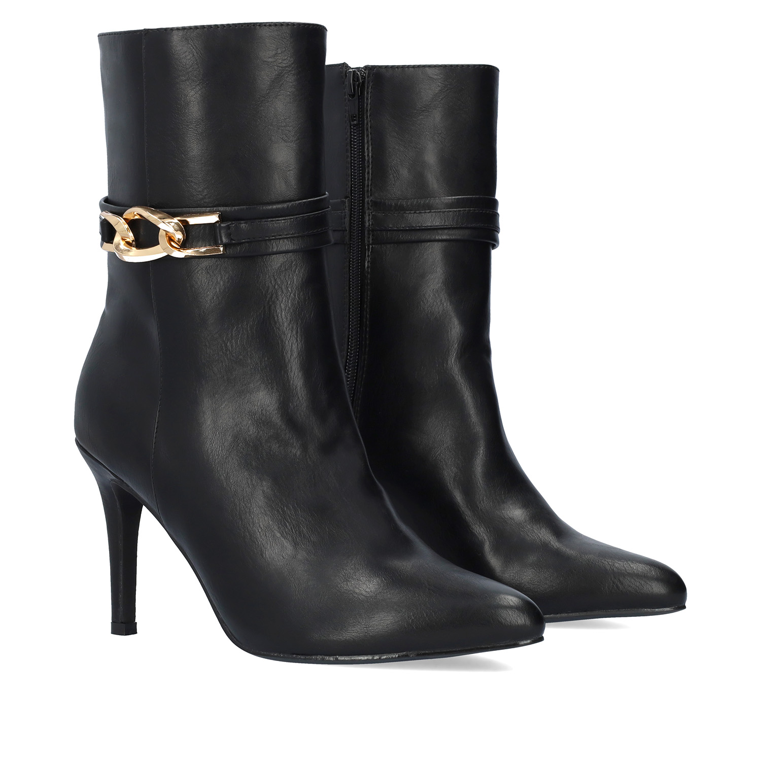 Heeled booties in soft black faux leather