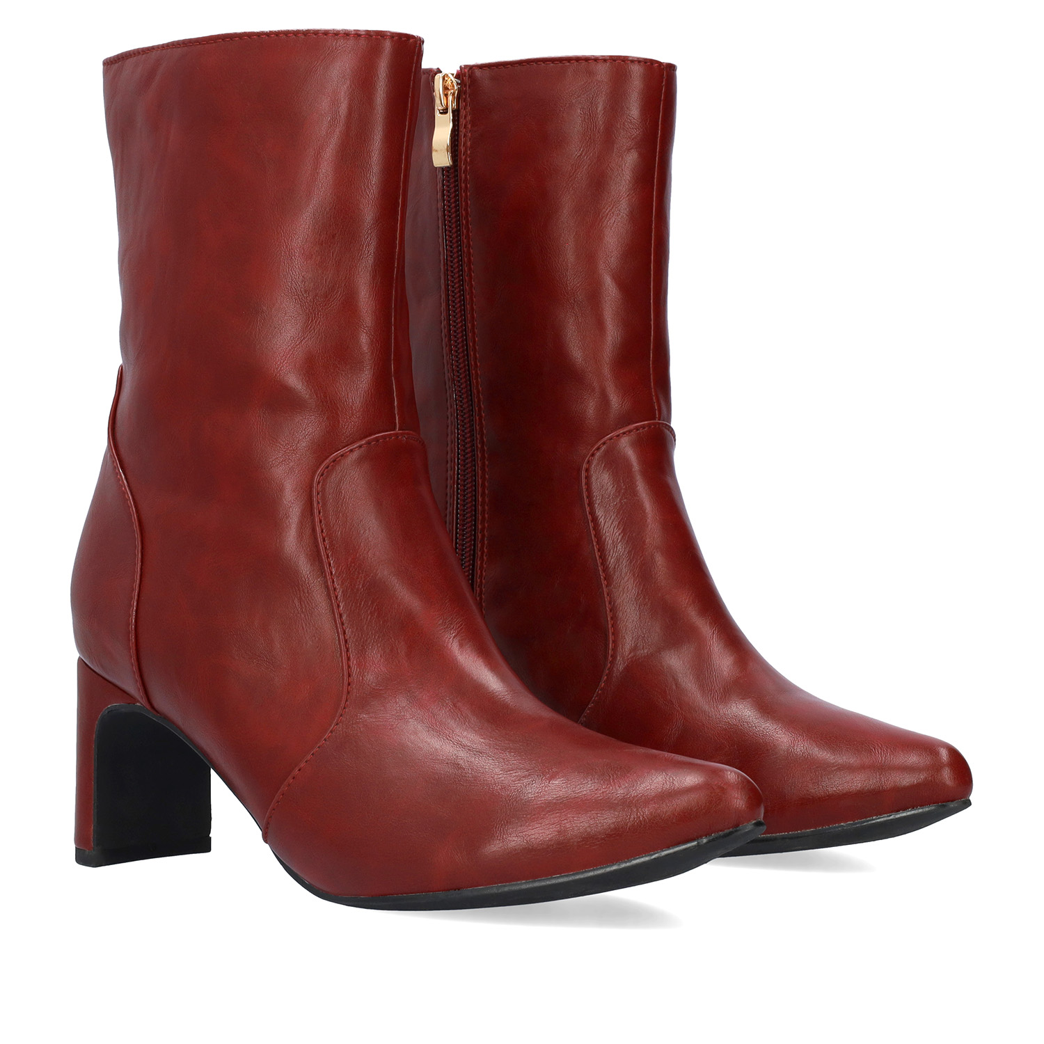 Garnet red faux soft leather heeled ankle boots