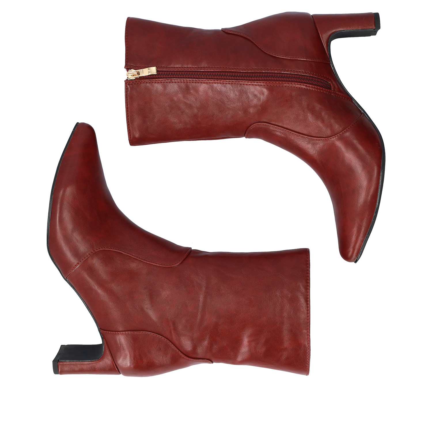 Garnet red faux soft leather heeled ankle boots 