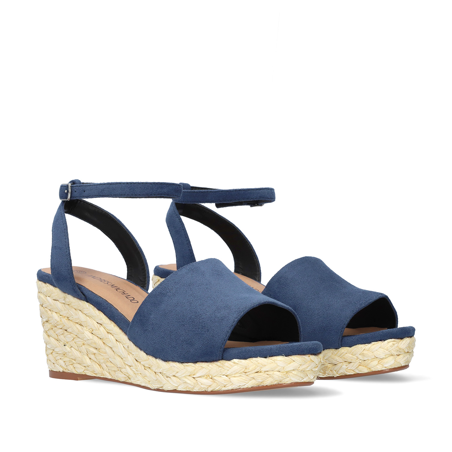 Blue faux suede sandal with a jute wedge 