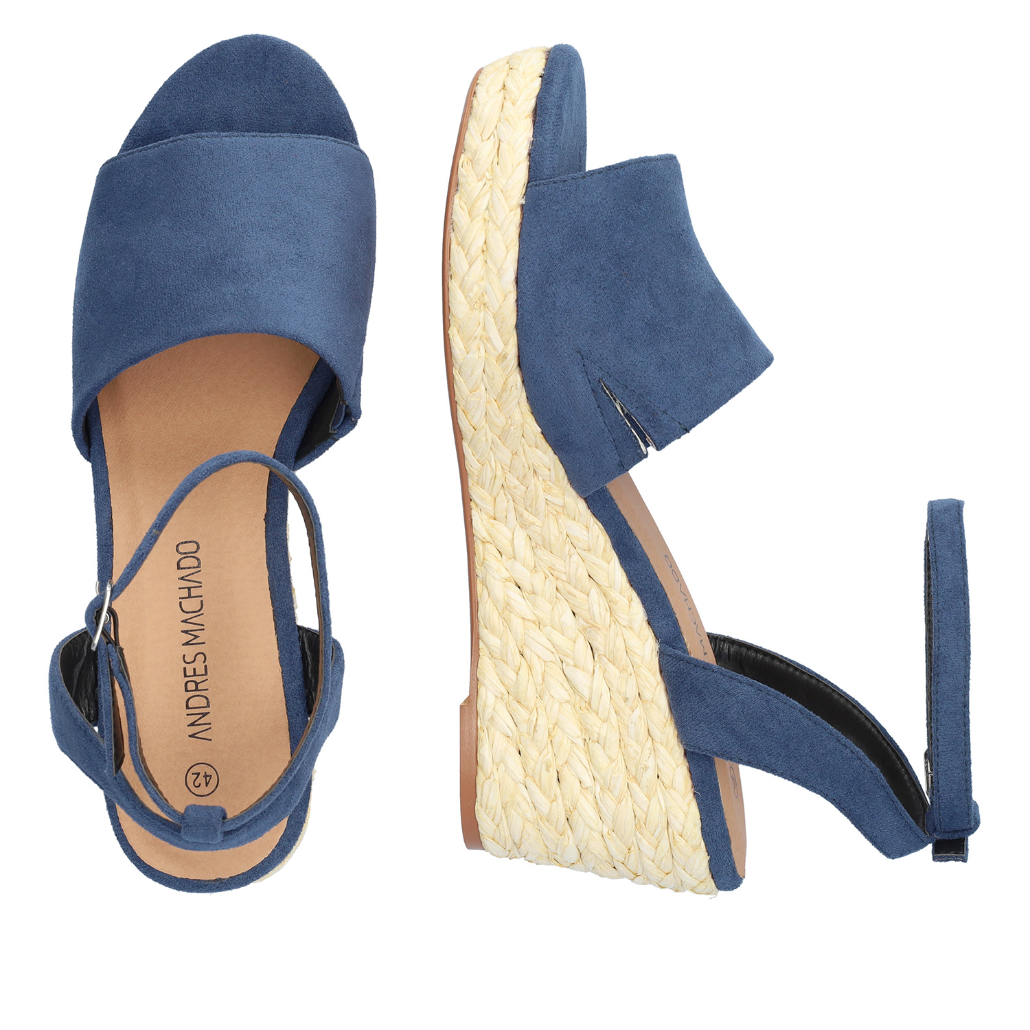 Blue faux suede sandal with a jute wedge 