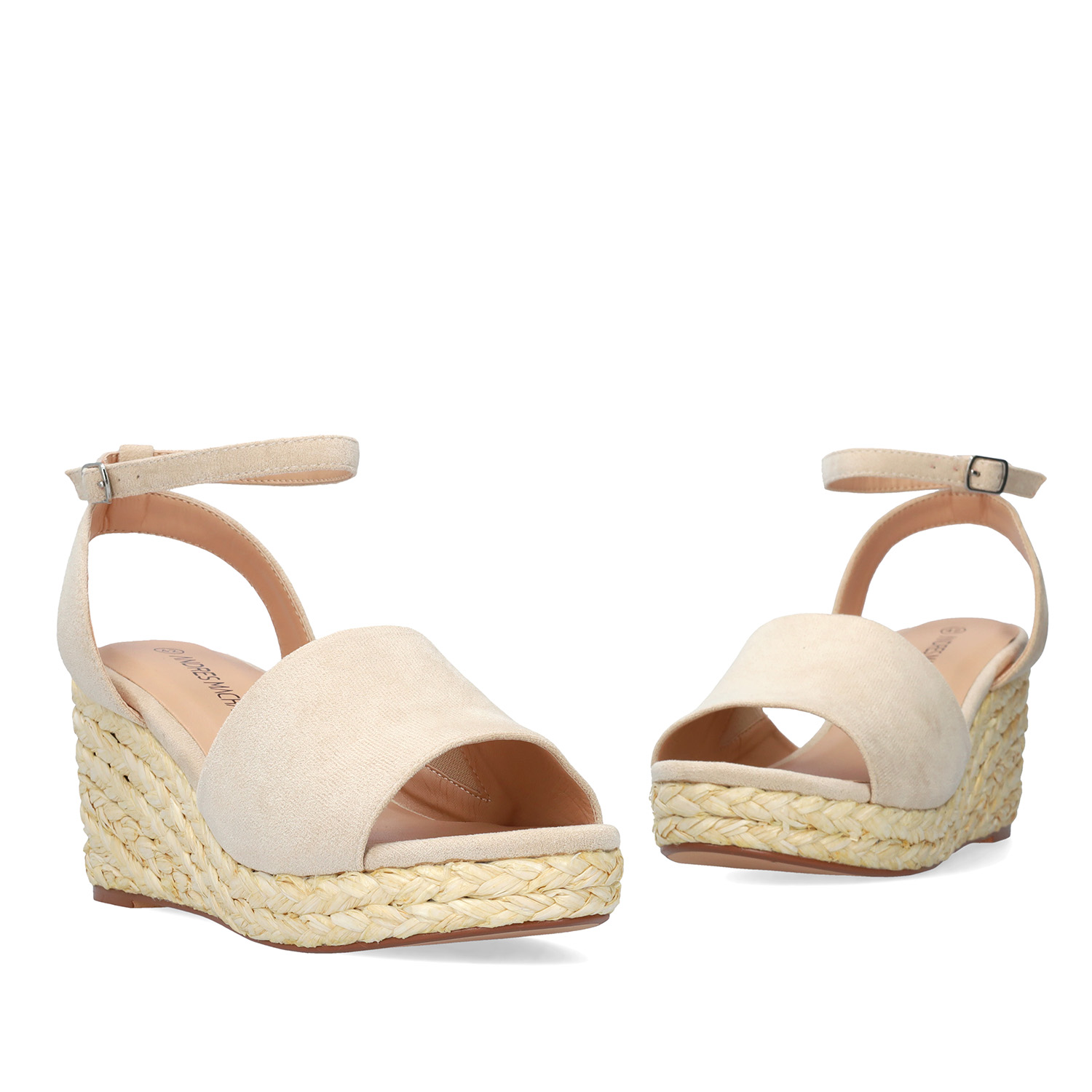 Beige faux suede sandal with a jute wedge 