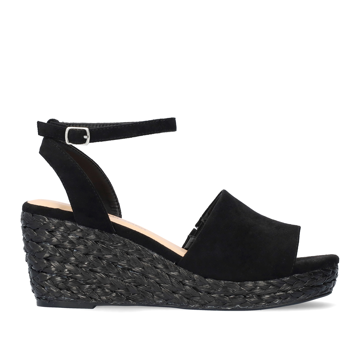 Black faux suede sandal with a jute wedge 