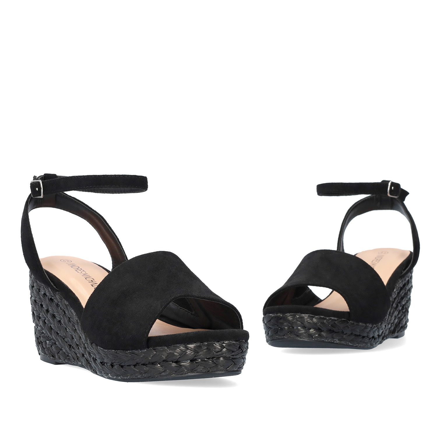 Black faux suede sandal with a jute wedge 
