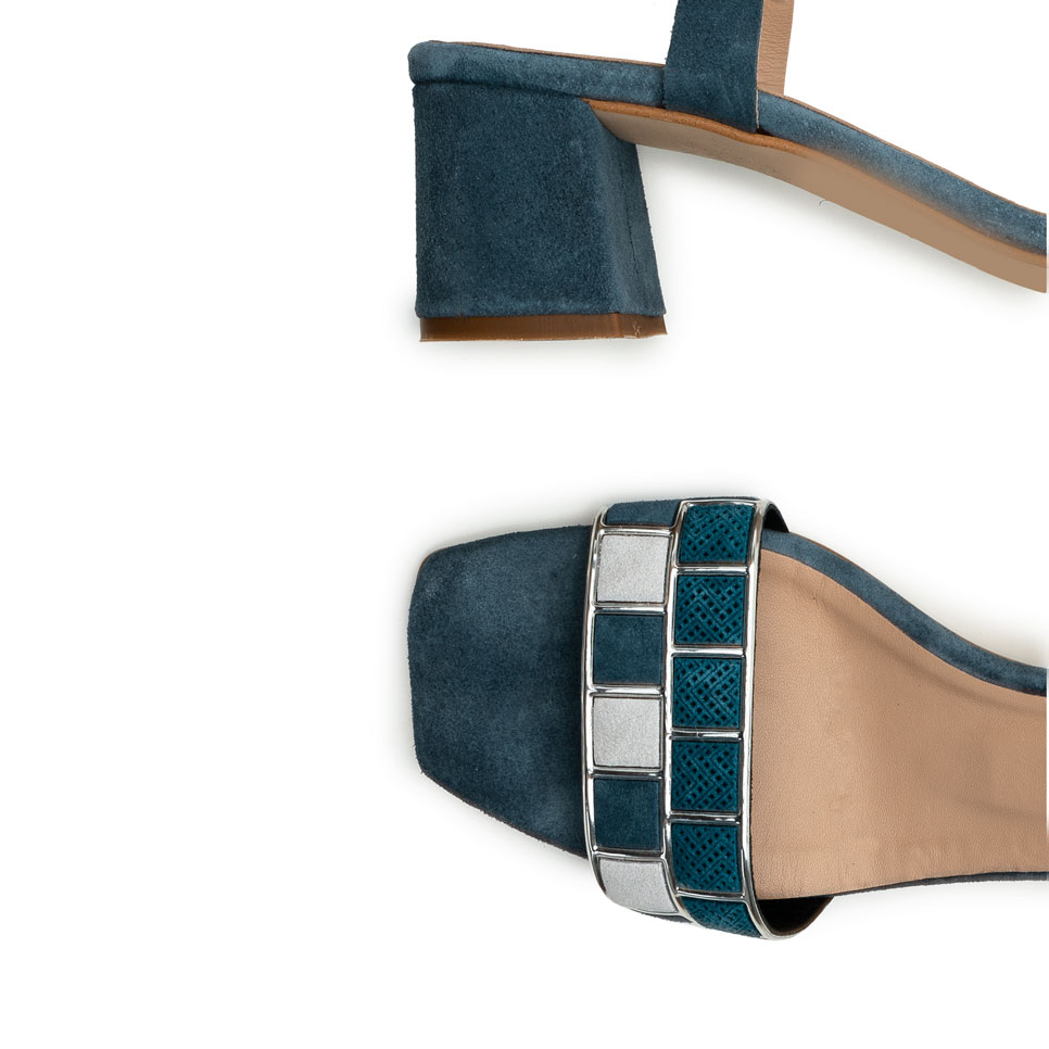 Mosaic Block Heel Sandals in Blue Suede Leather 