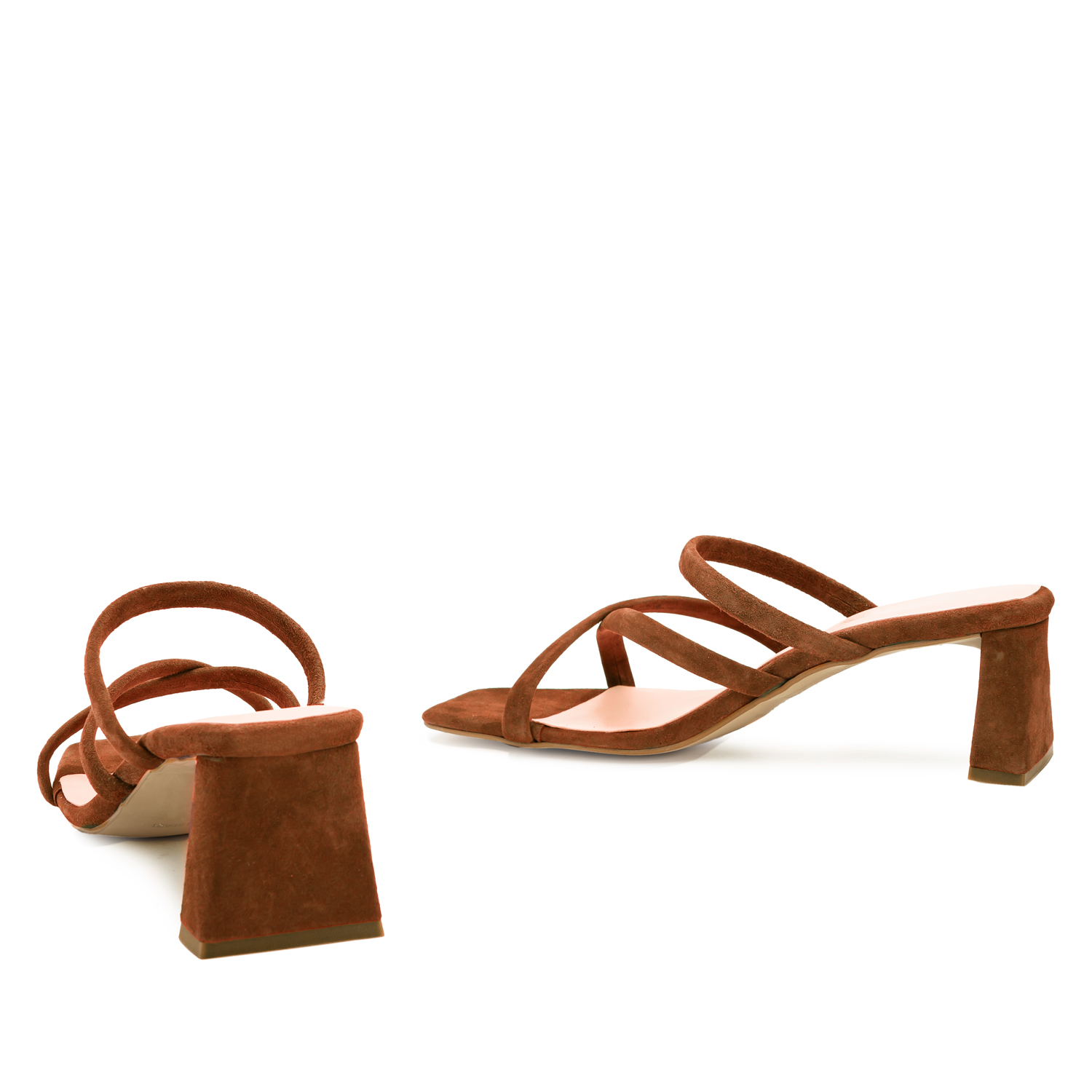 Heeled Mules in Brown Split Leather with Square Toe 