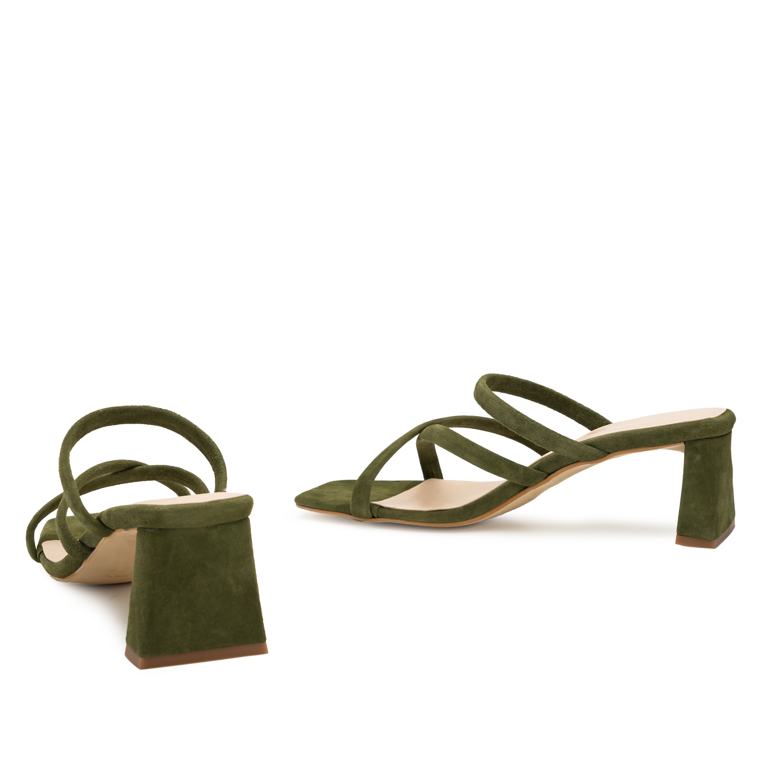 Heeled Mules in Kaki Split Leather with Square Toe 