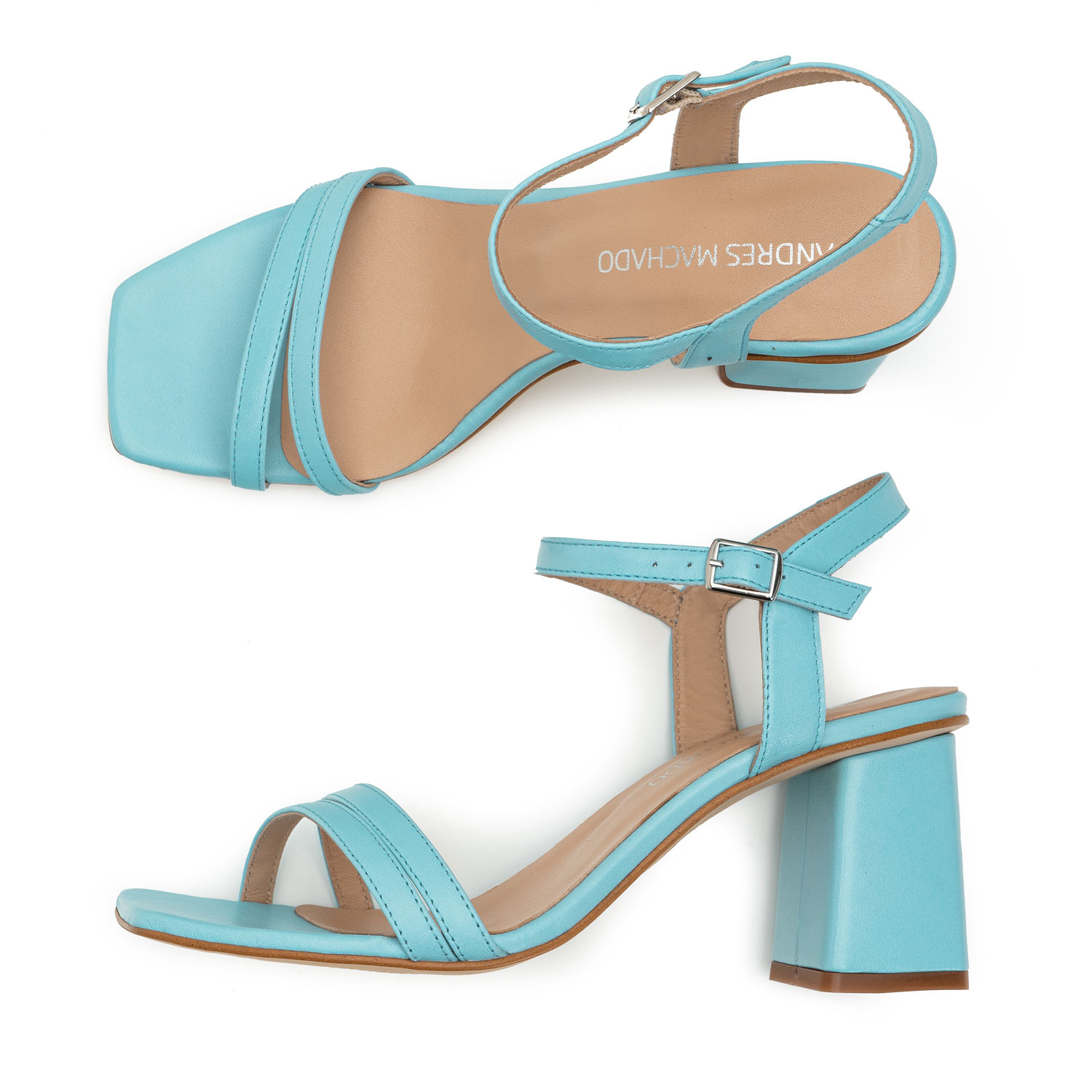 Ankle Block Heel Sandals in Sky Blue Leather 