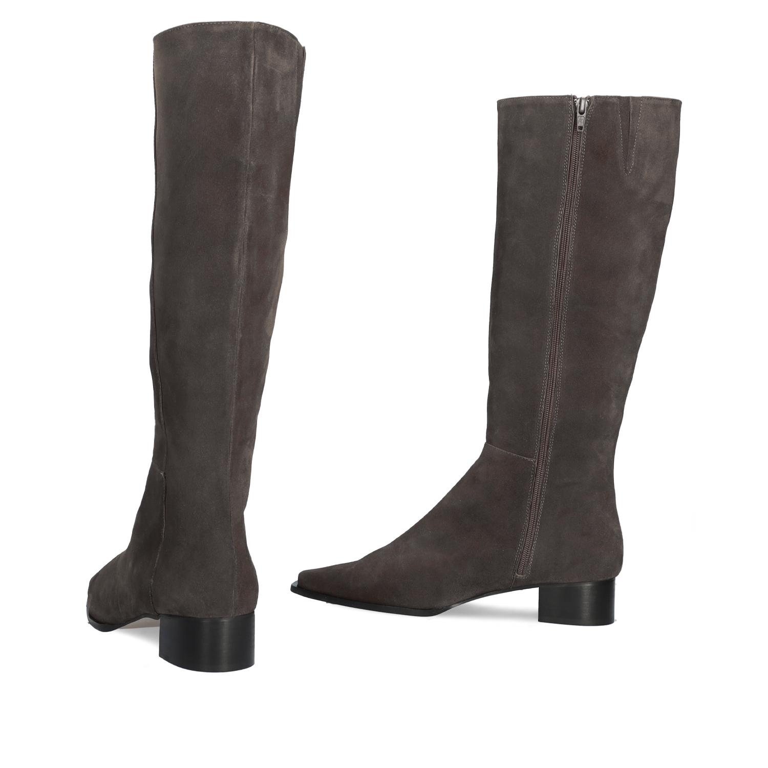 Knee-high boots in dark grey split leather 