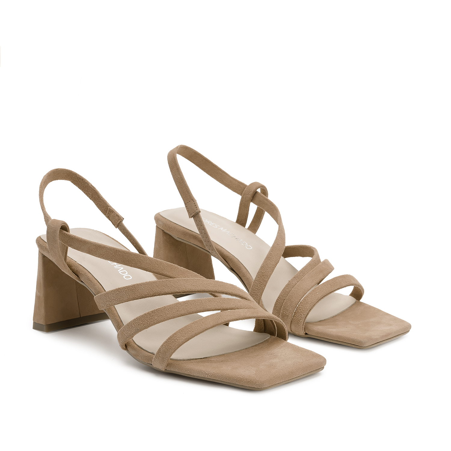 Strapped Sandals in Camel Split Leather and Square Toe 