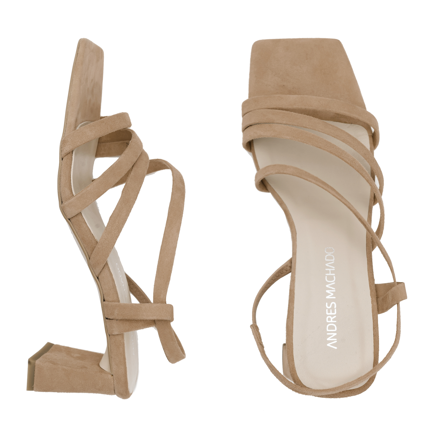 Strapped Sandals in Camel Split Leather and Square Toe 