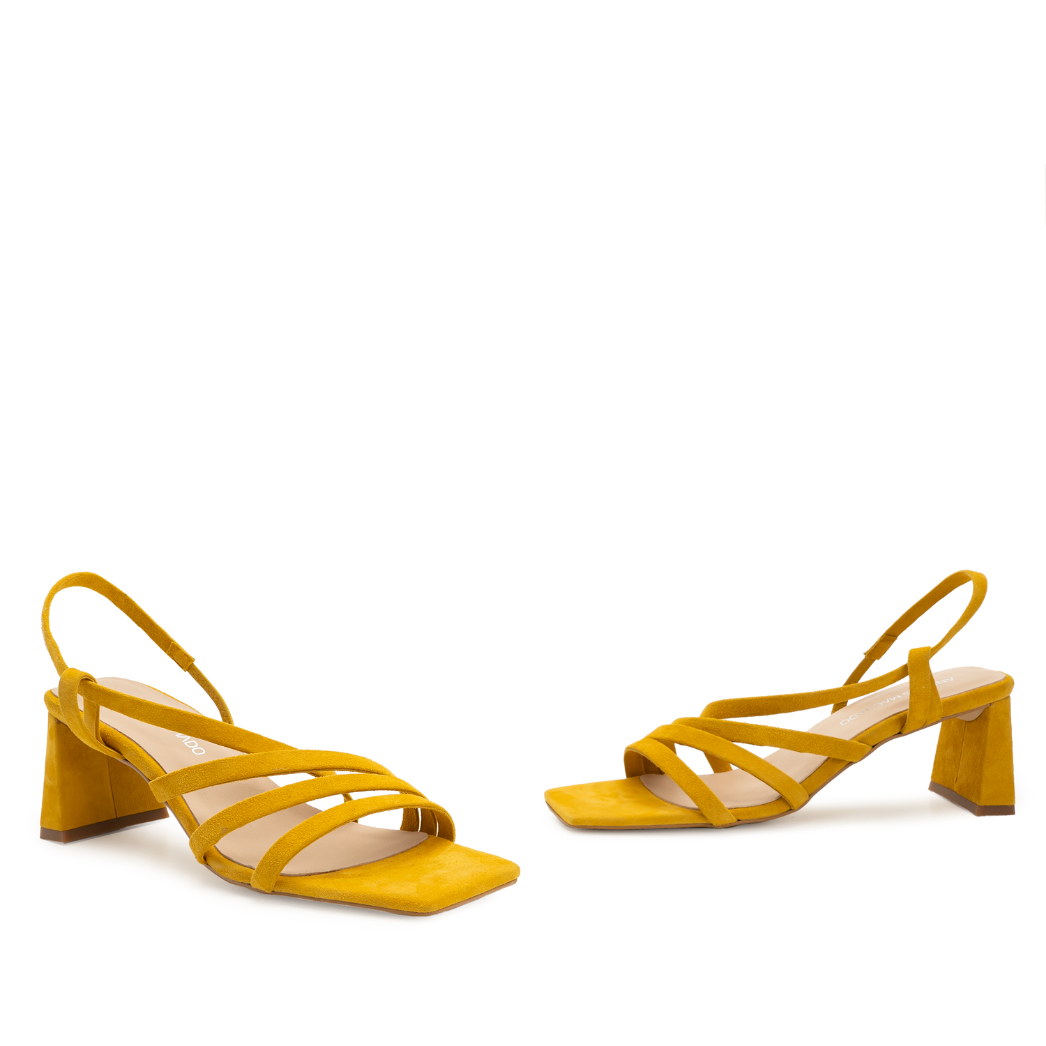 Strapped Sandals in Mustard Split Leather and Square Toe 