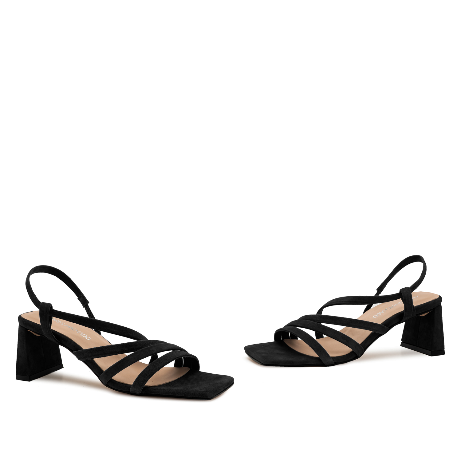 Strapped Sandals in Black Split Leather and Square Toe 