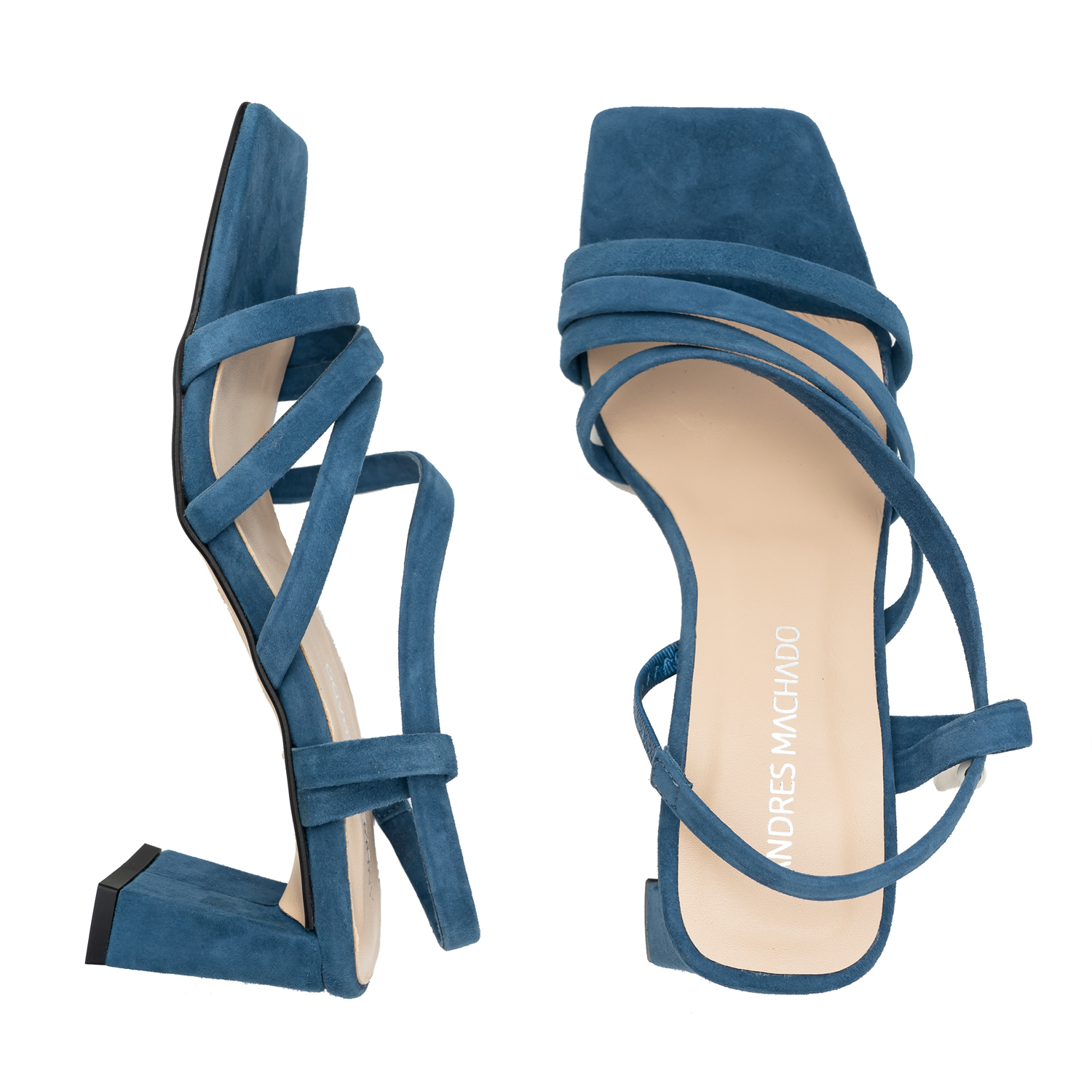 Strapped Sandals in Blue Split Leather and Square Toe 