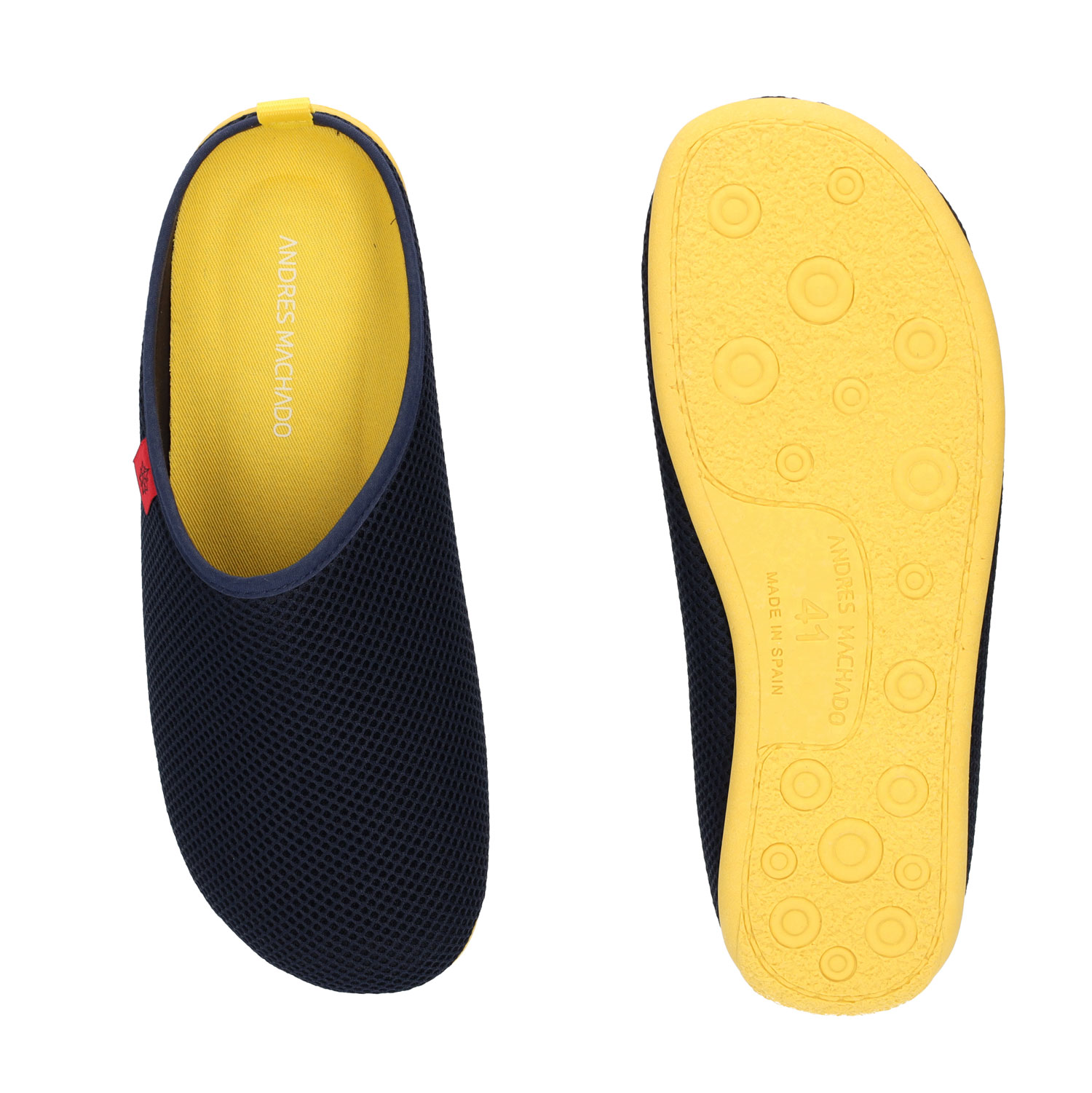 Spring/ Summer Unisex Slippers in Navy mesh with Yellow outsole 