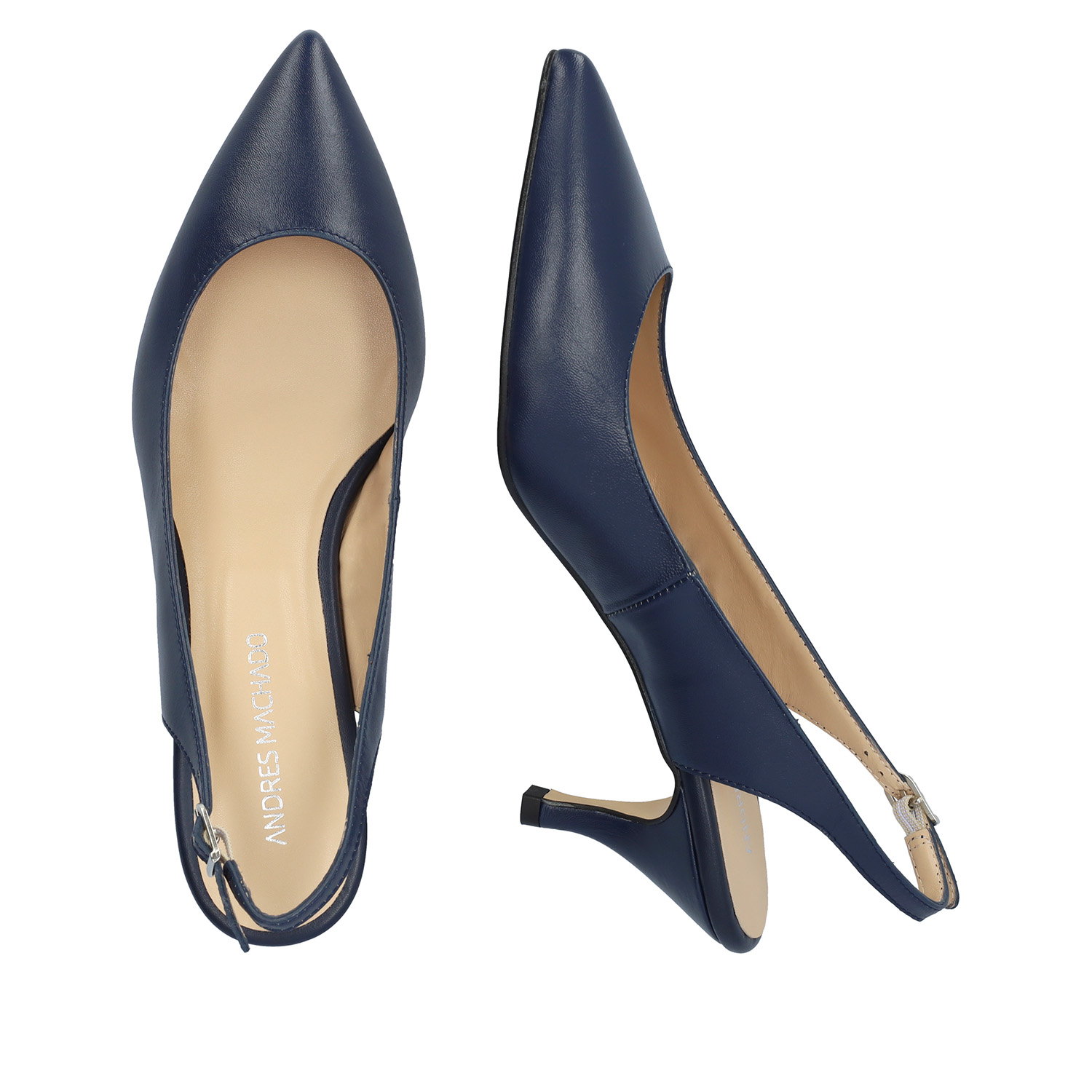 Fine Toe Slingback Shoes in Navy Leather 