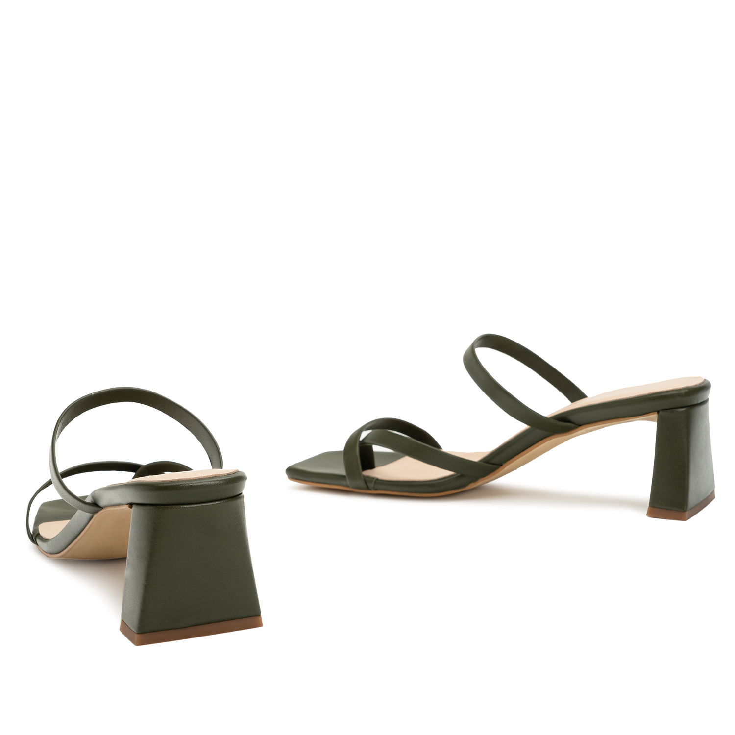 Heeled Mules in Kaki Leather with Square Toe 