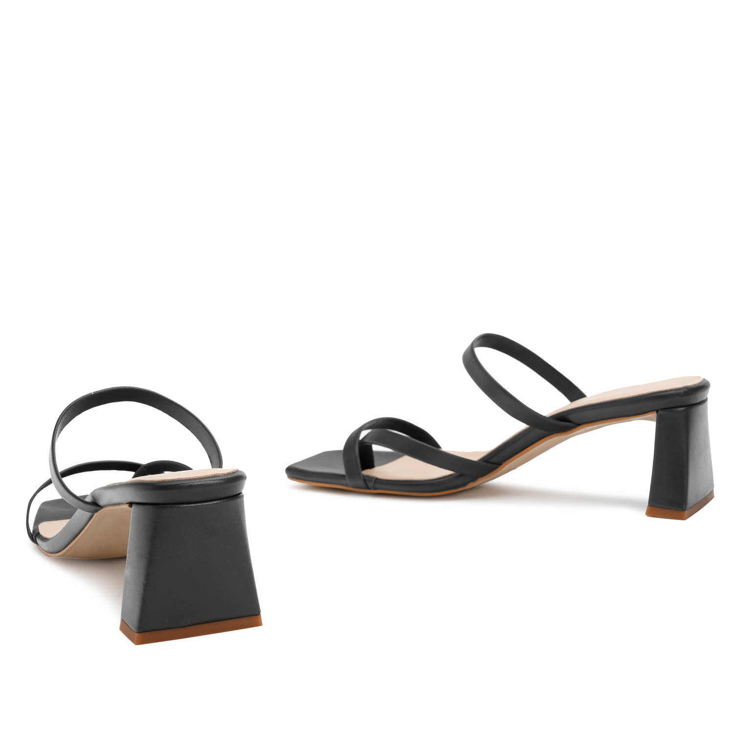 Heeled Mules in Black Leather with Square Toe 