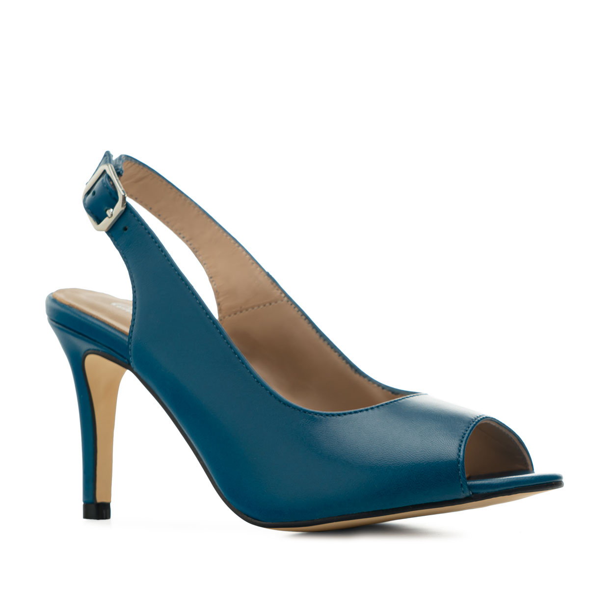 Chaussures talons en cuir couleur Azul ouvertes à l´arrière. 