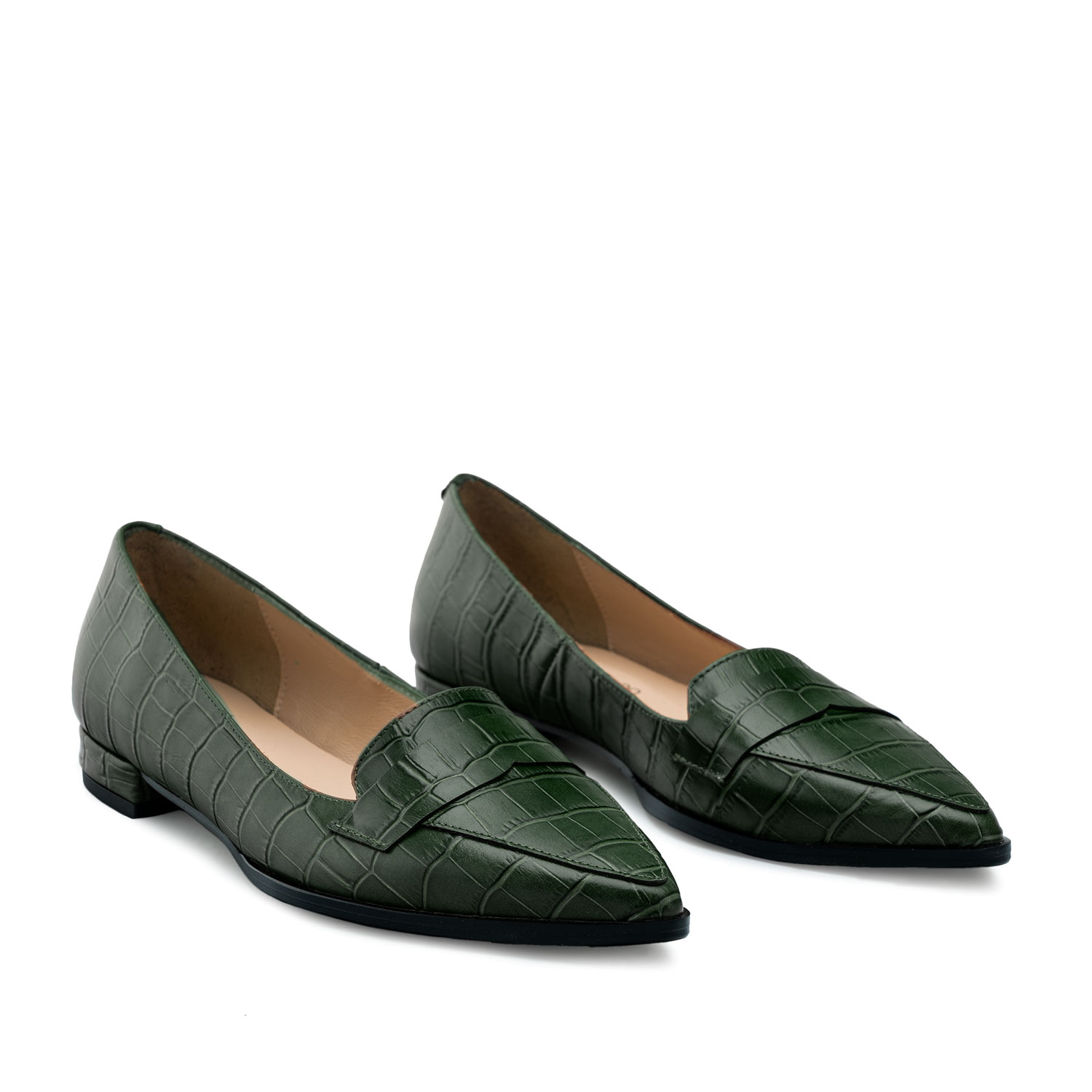 Pointed Toe Loafers in Green Croc 