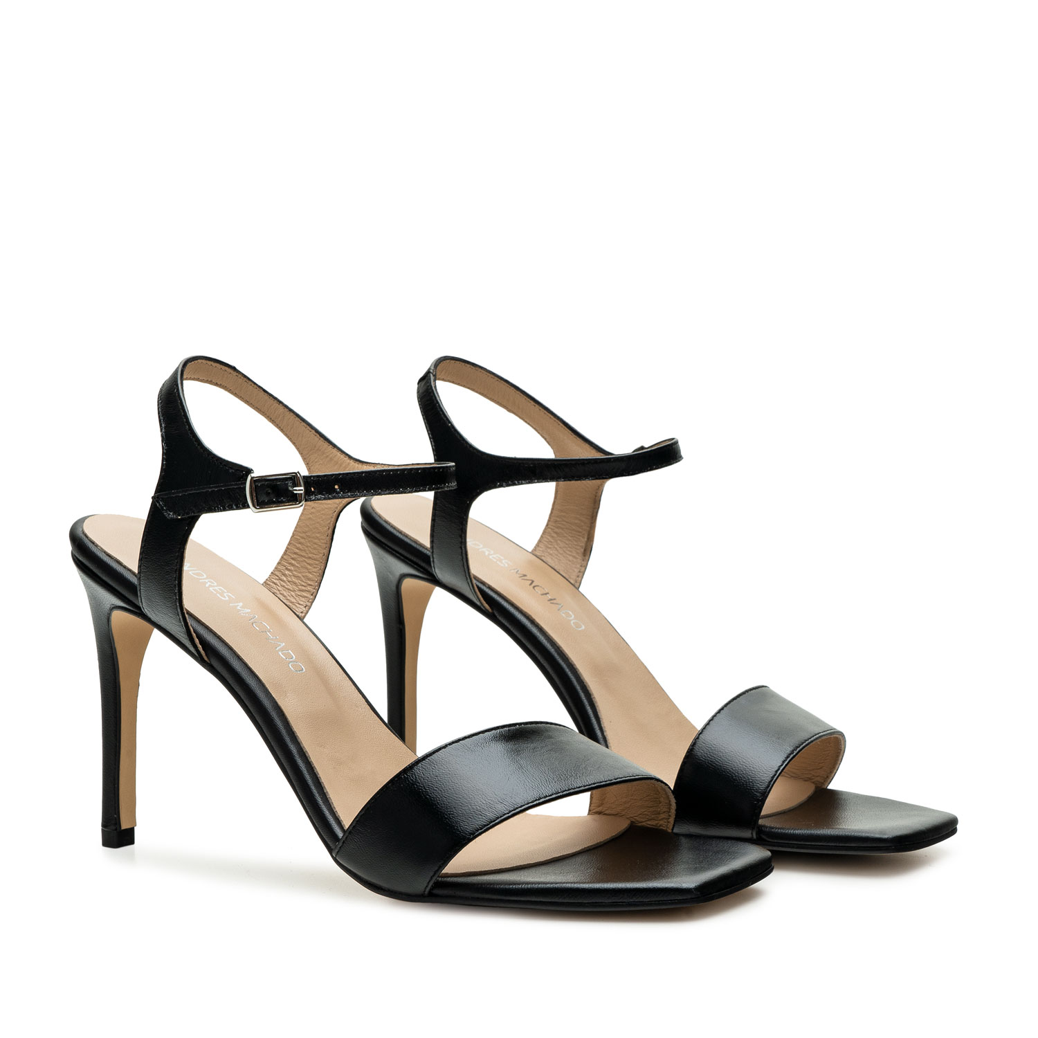 Ankle Stiletto Sandals in Black Leather 