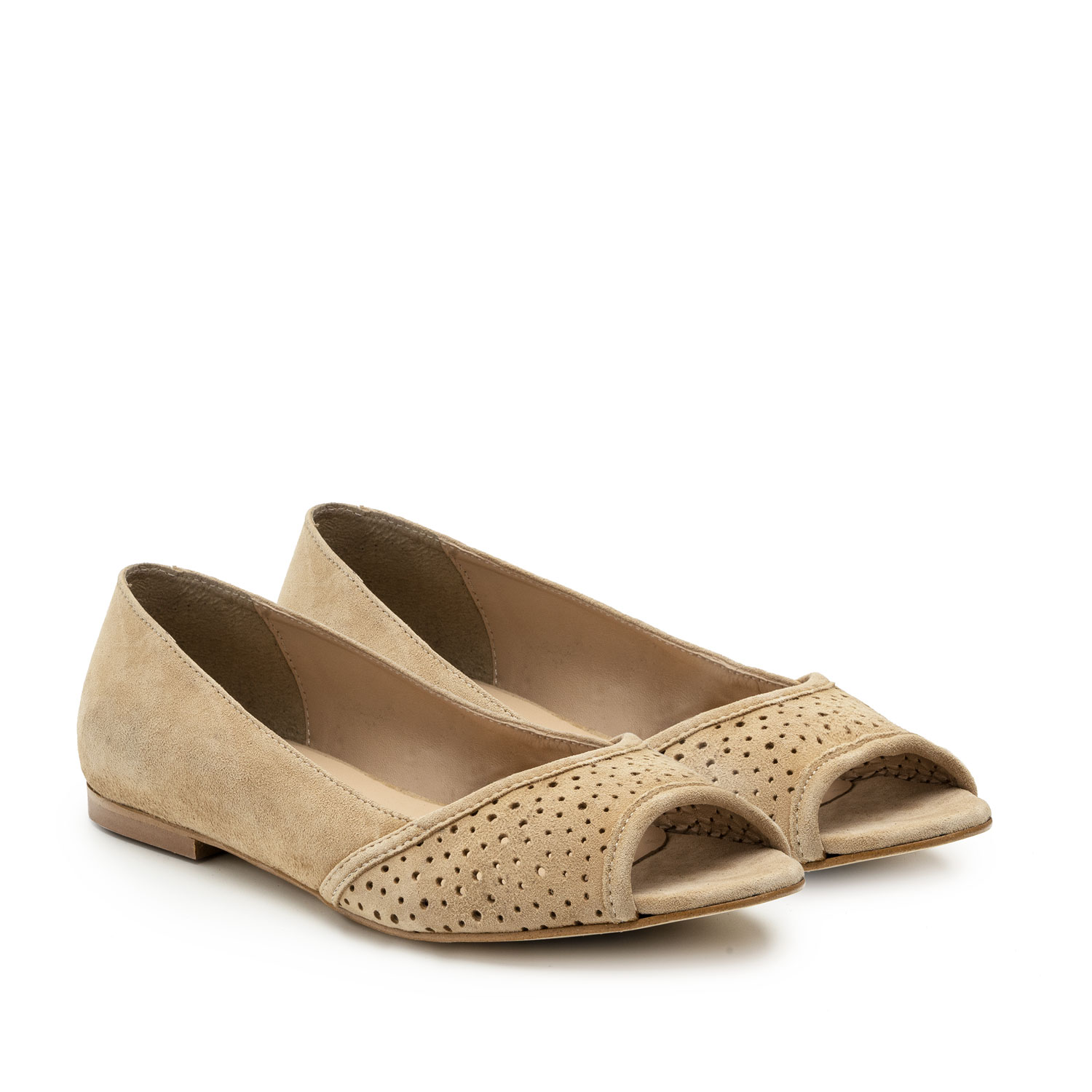 Open Toe Ballet Flats in Camel Suede Leather 
