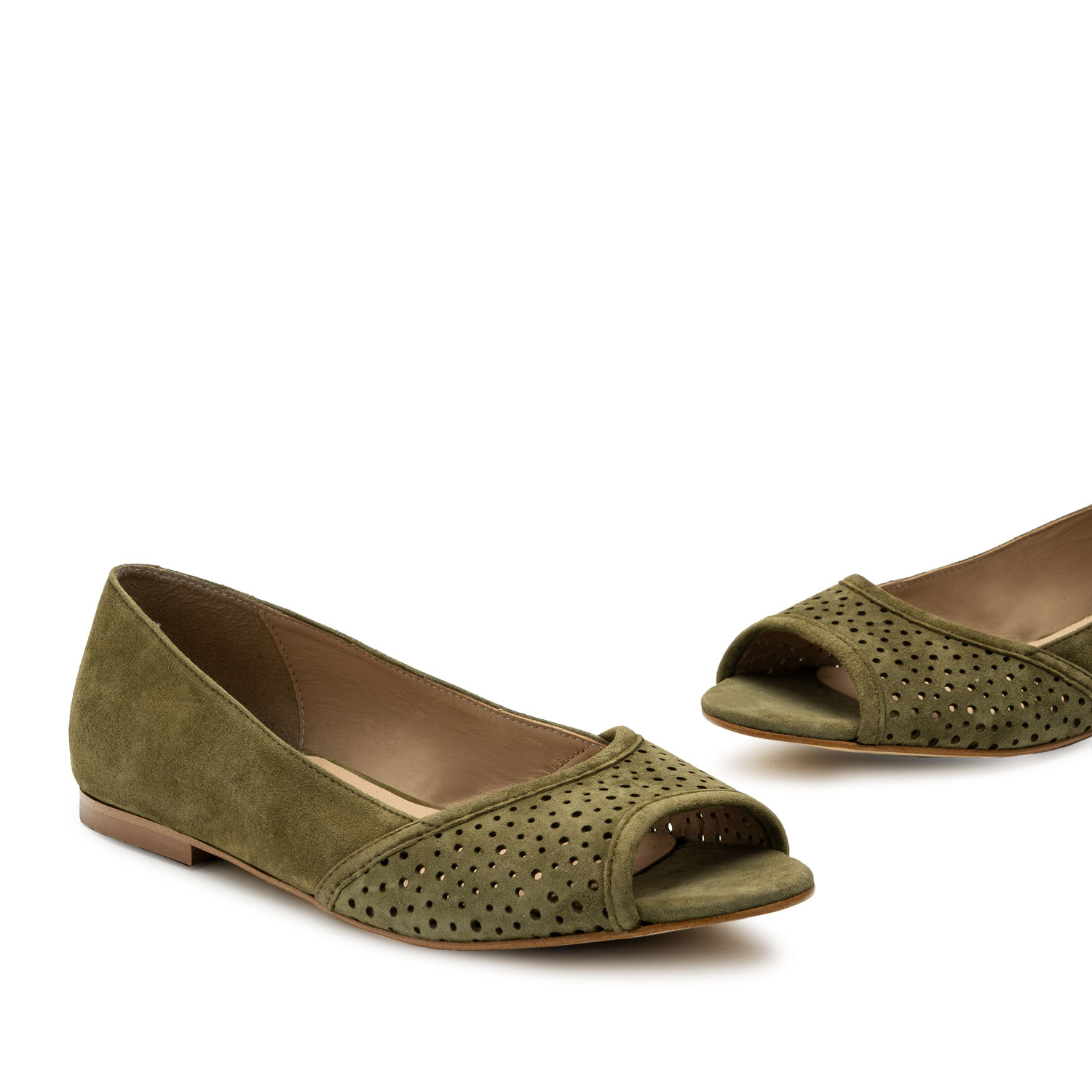 Open Toe Ballet Flats in Green Suede Leather 