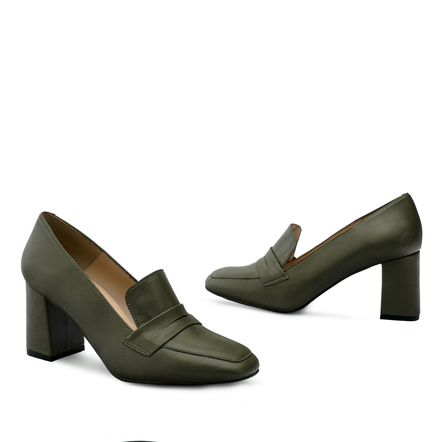 Heeled Loafers in Kaki Leather 