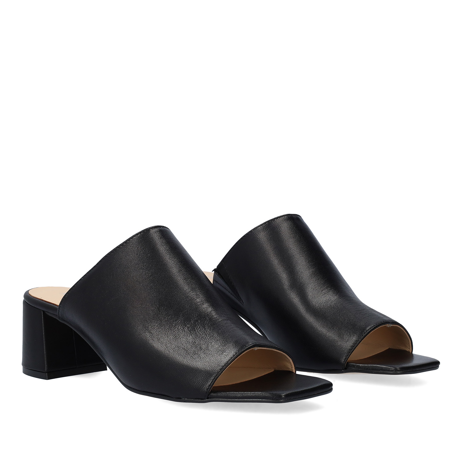 Black leather heeled mules 