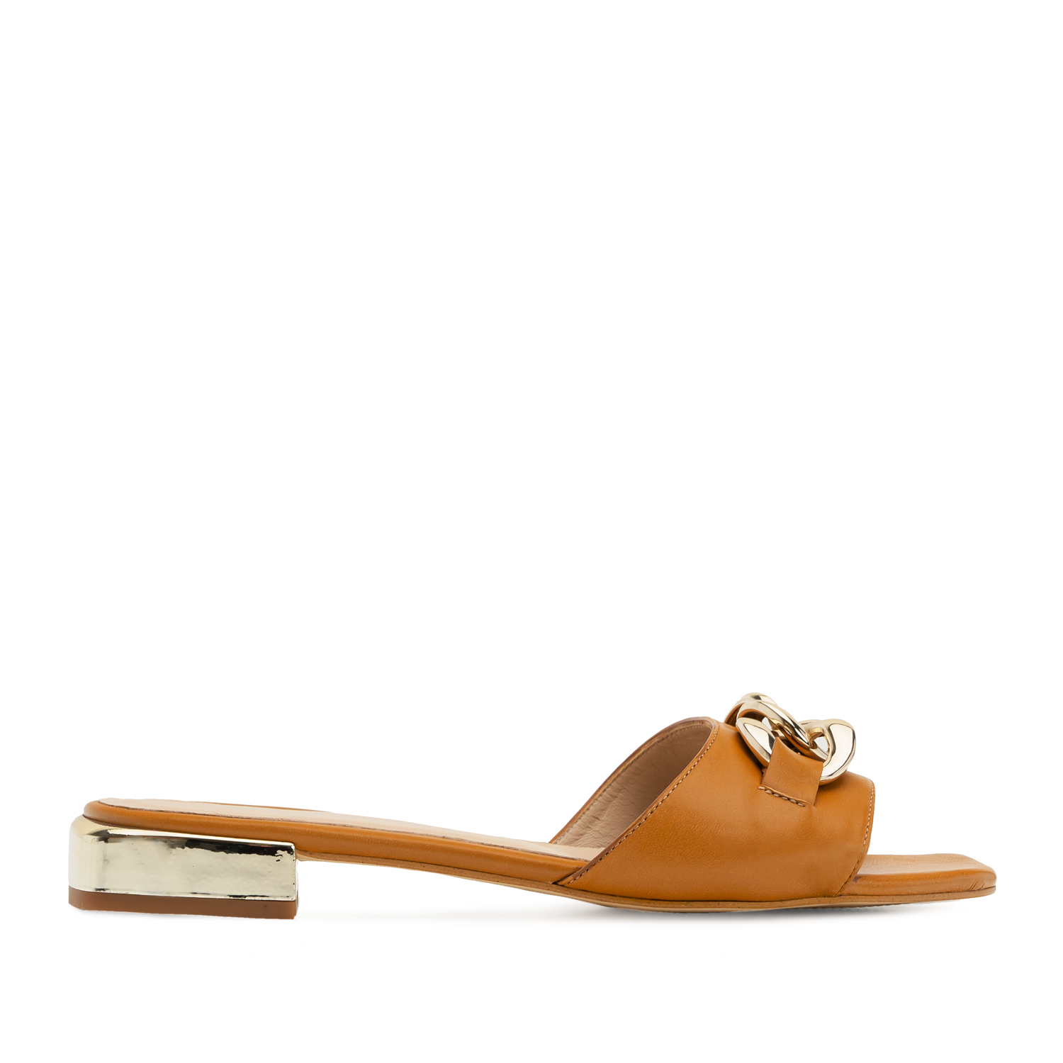 Flat Sandal in Camel Leather and Chain Detail 