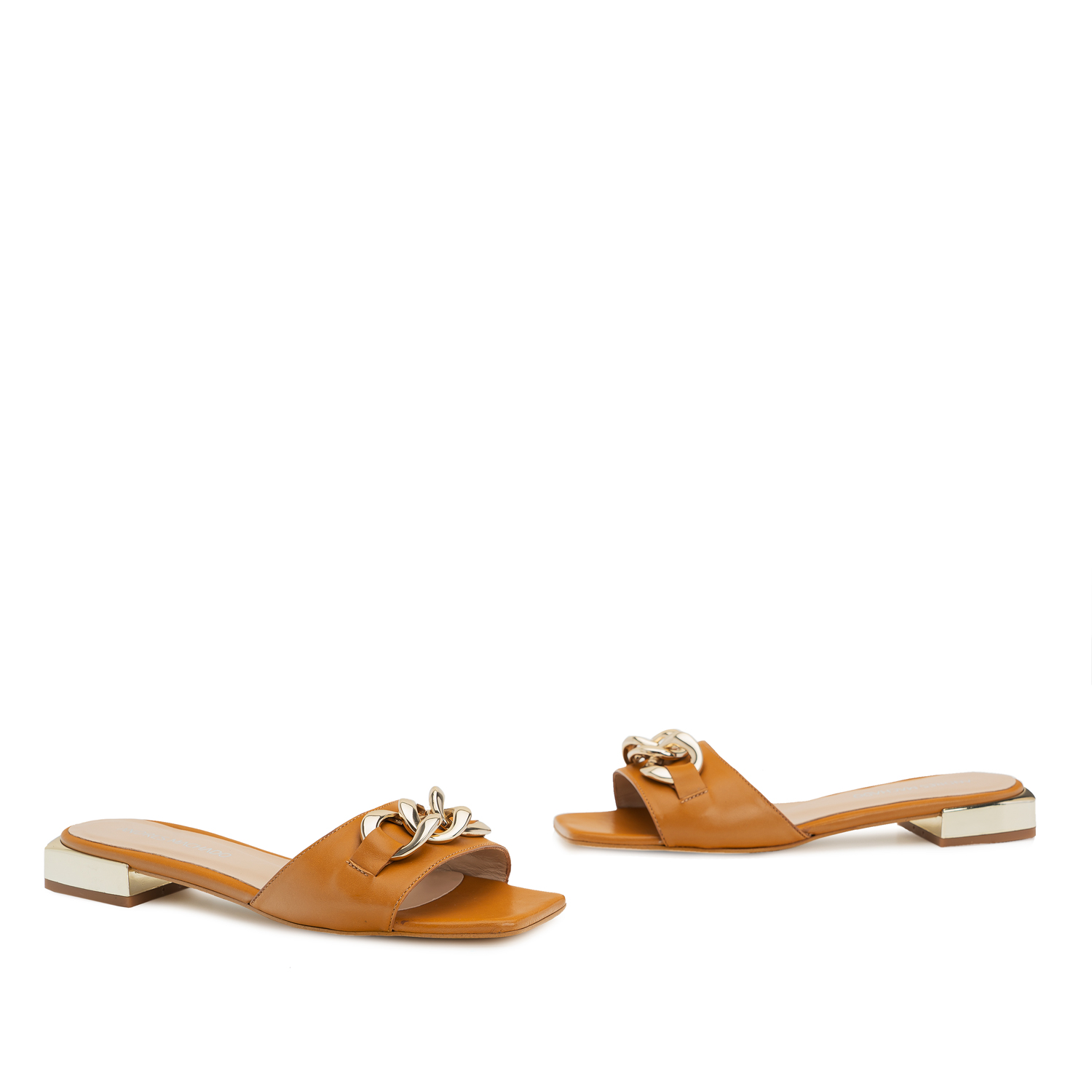 Flat Sandal in Camel Leather and Chain Detail 