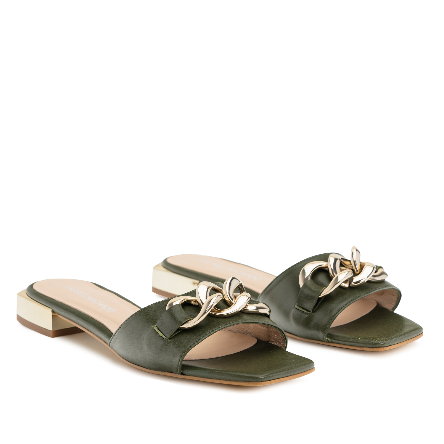 Flat Sandal in Kaki Leather and Chain Detail 