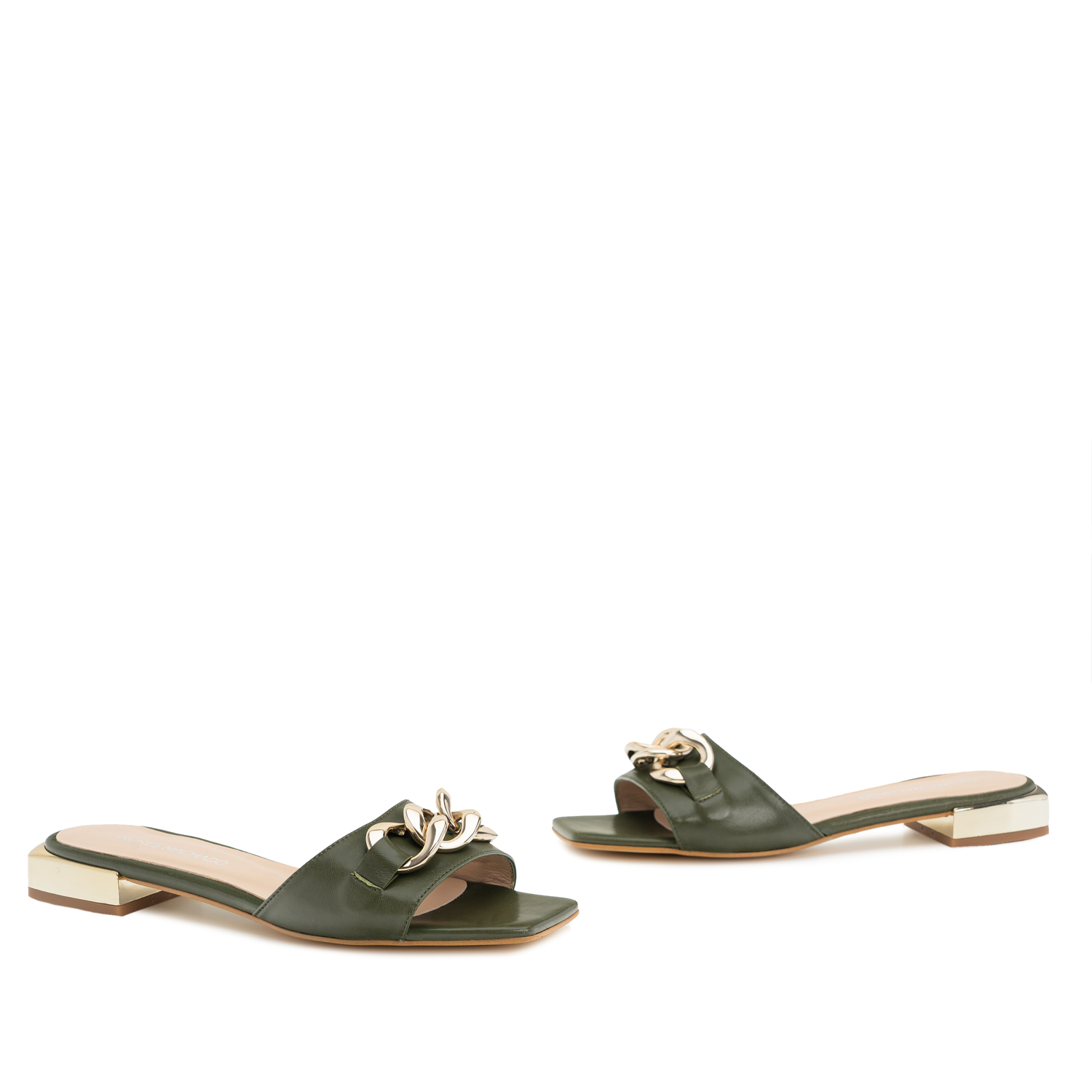 Flat Sandal in Kaki Leather and Chain Detail 