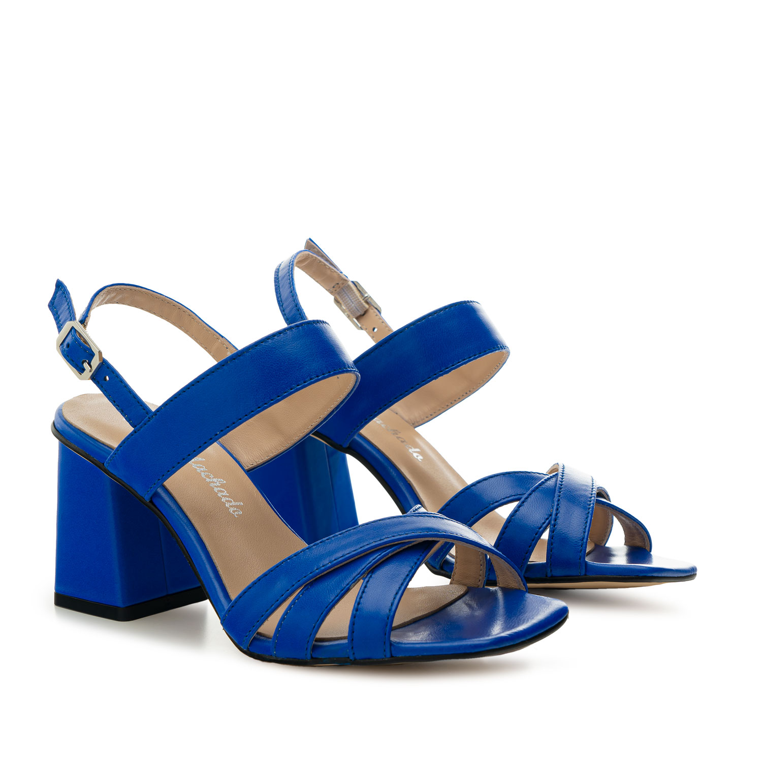 Sandales talons larges en cuir de couleur Bleu 